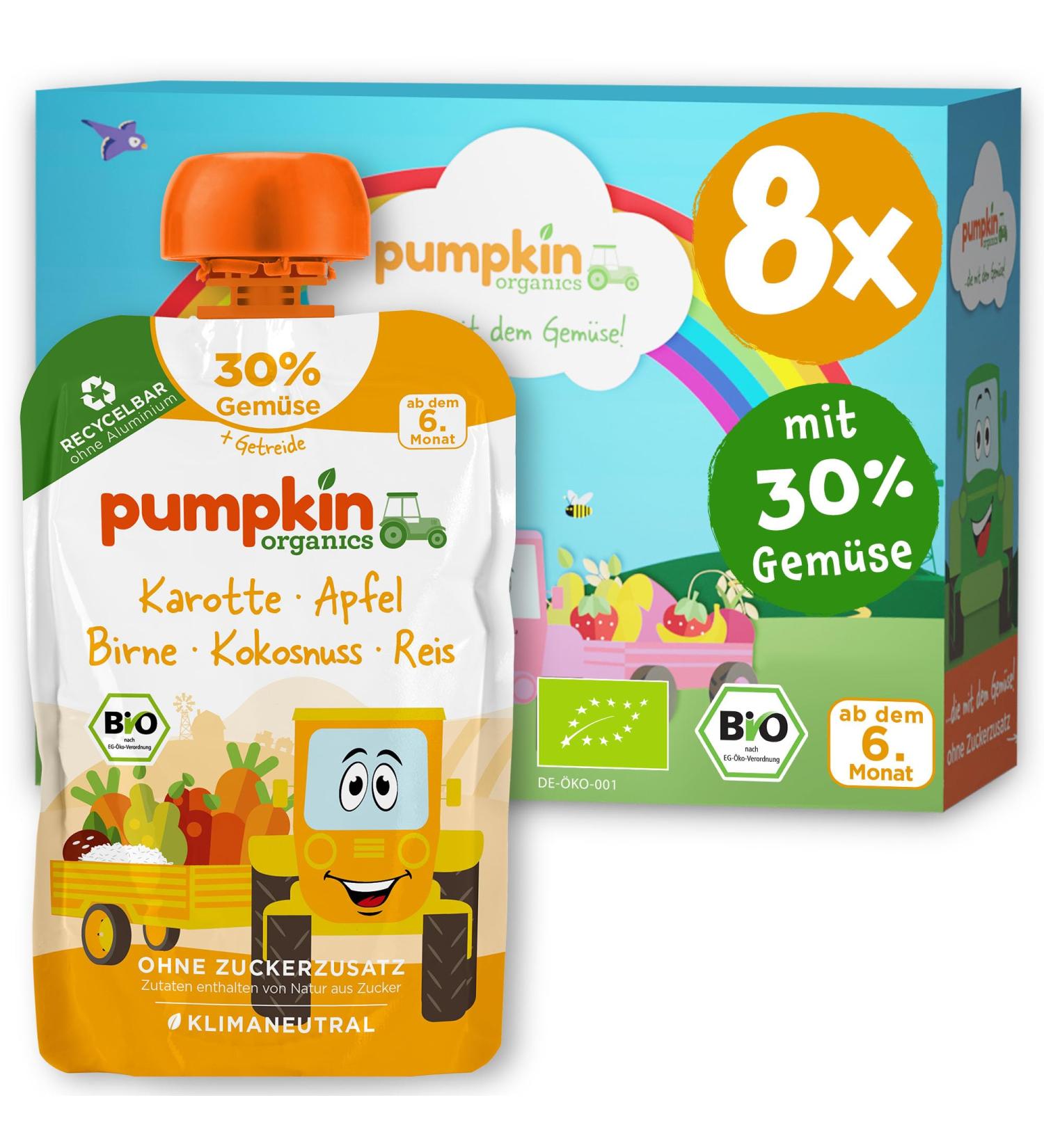 Pumpkin Organics Bio Vegetable Cereal Quetschies 8 Pack - Healthy Baby Food with Carrot Apple Pear Coconut & Rice - Gluten-Free & Vegetarian No Added Sugar - Ideal for Babies 6+ Months - Buy Online on GoSupps.com