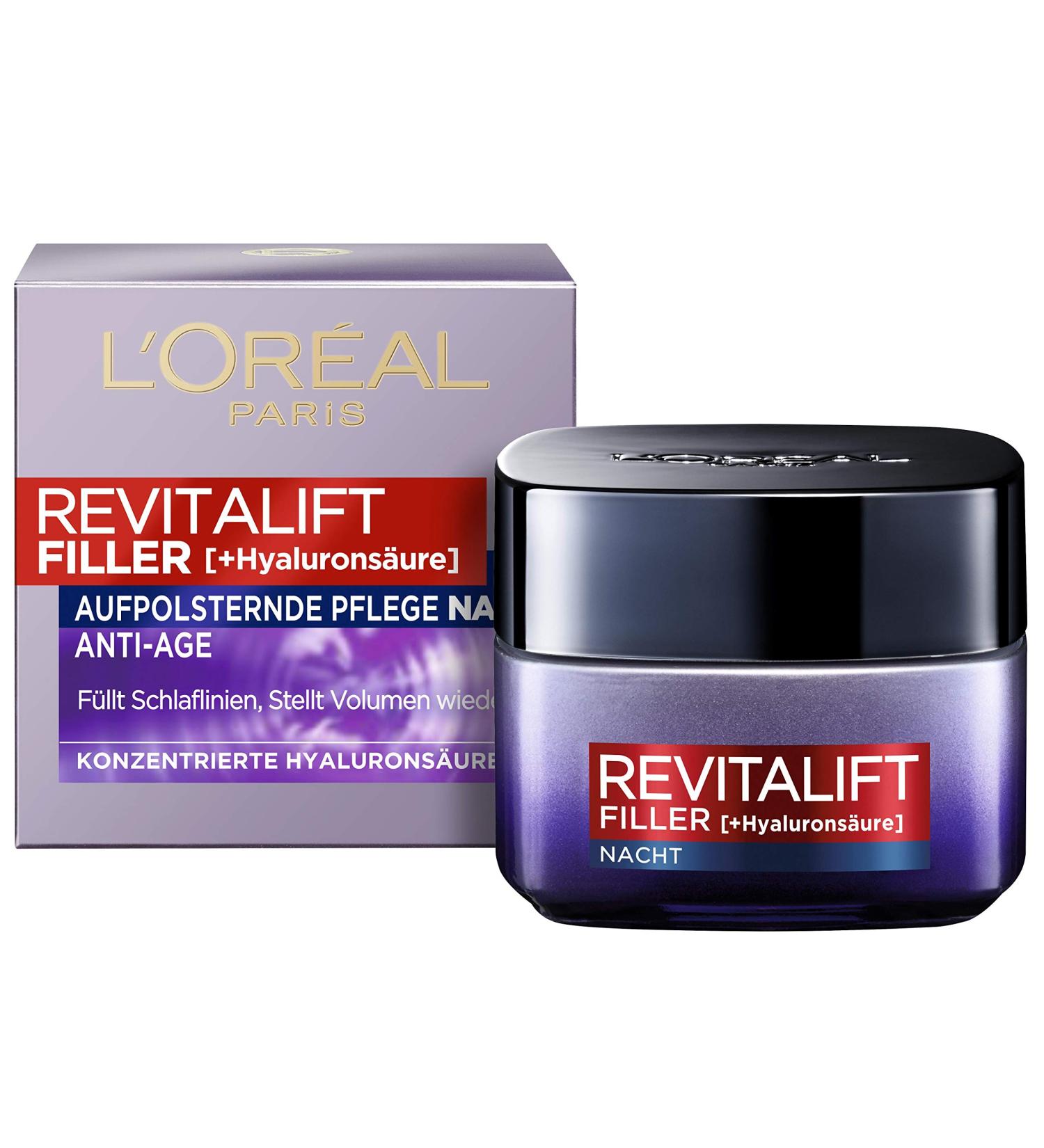 L'Or al Paris Revitalift Filler Nachtpflege - Anti-Aging Gesichtscreme mit Hyalurons ure 2 x 50 ml - Anti-Falten & Volumen Pflege - Buy Online on GoSupps.com