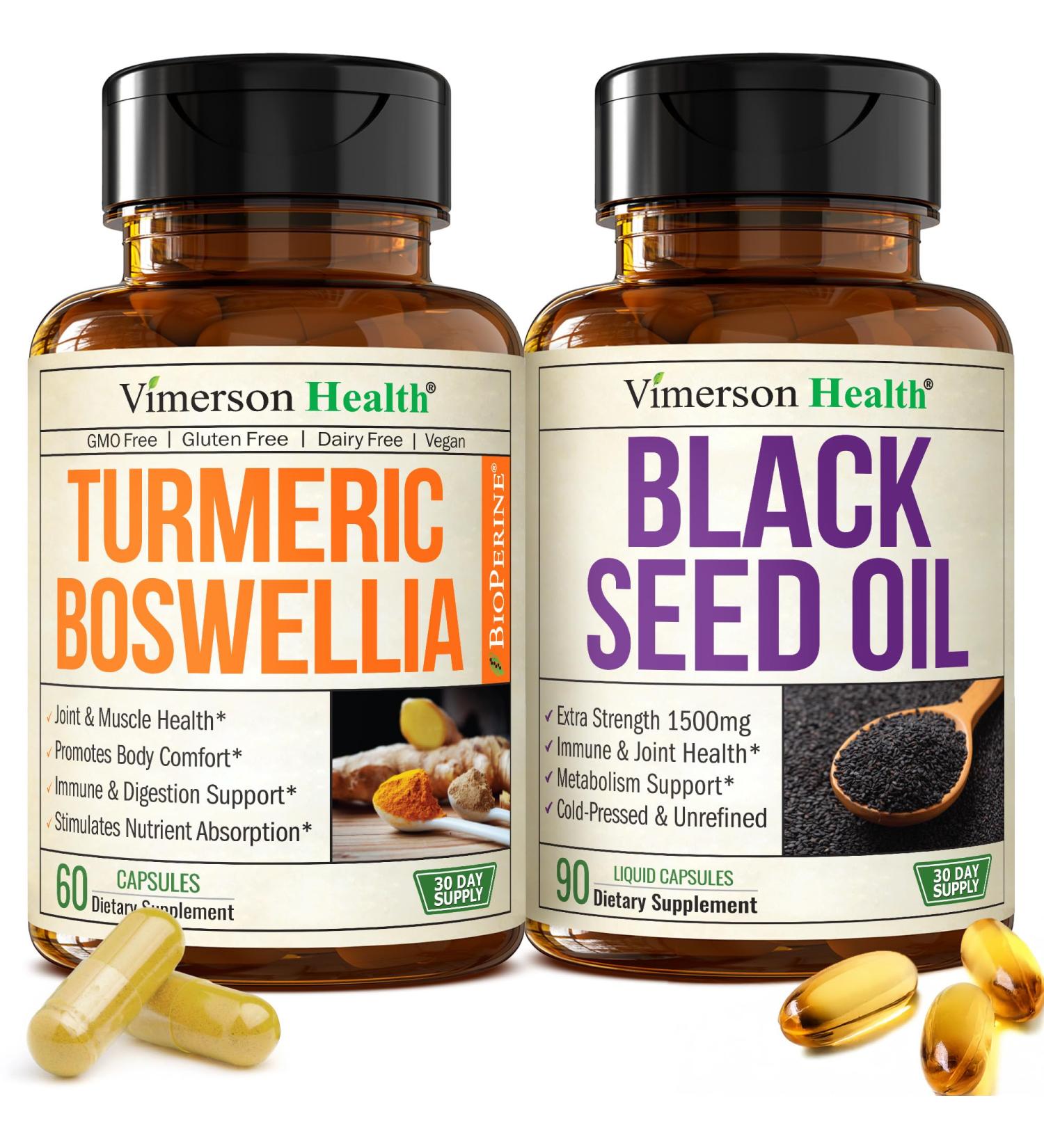 Boswellia Turmeric Curcumin Supplement + Black Seed Oil Bundle Joint Health Immune Support Antioxidants Digestion with Ginger Root Organic Turmeric Powder Cold Pressed Black Seed Oil Capsules - Buy Online on GoSupps.com