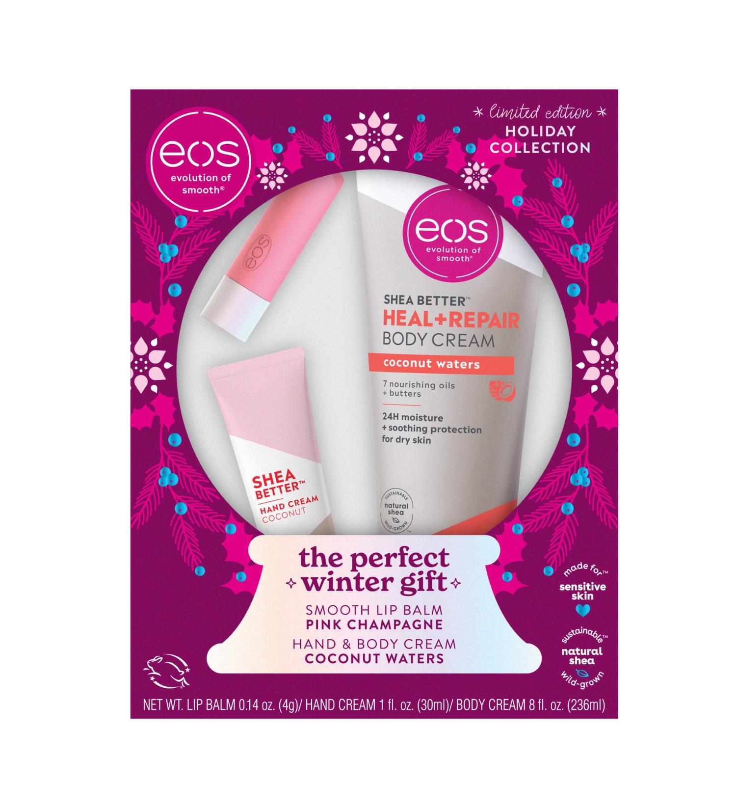 eos Limited Edition Holiday Collection: Pink Champagne Lip Balm & Coconut Waters Hand Cream - 3-Pack Winter Gift Set for Sensitive Skin - Buy Online on GoSupps.com