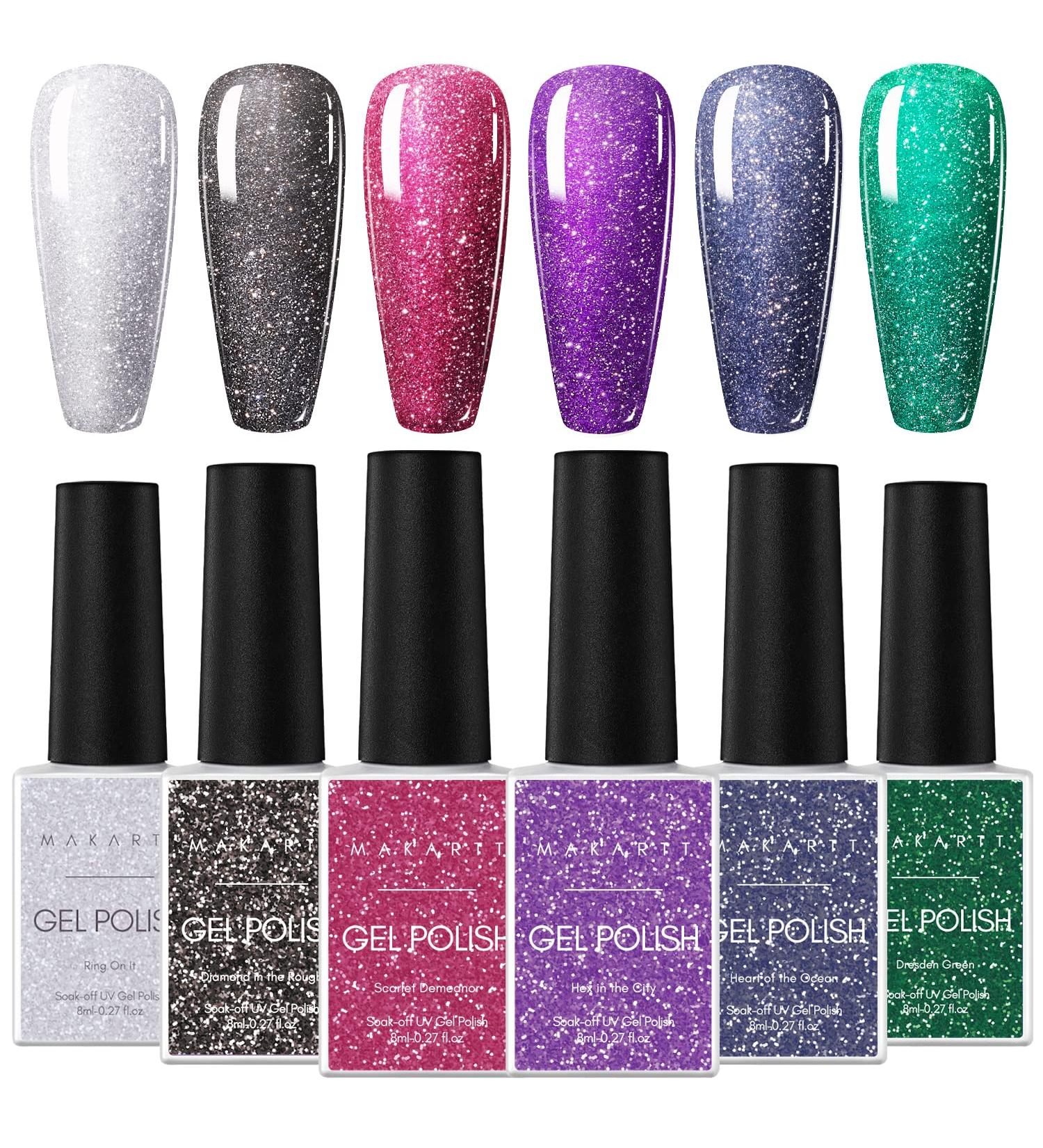 Makartt 6 Colors Reflective Glitter Gel Nail Polish Set - Red Black Purple Green Blue | Soak Off Sparkle Shiny Disco Nail Art Salon Kit for Women - 8ML - Buy Online on GoSupps.com