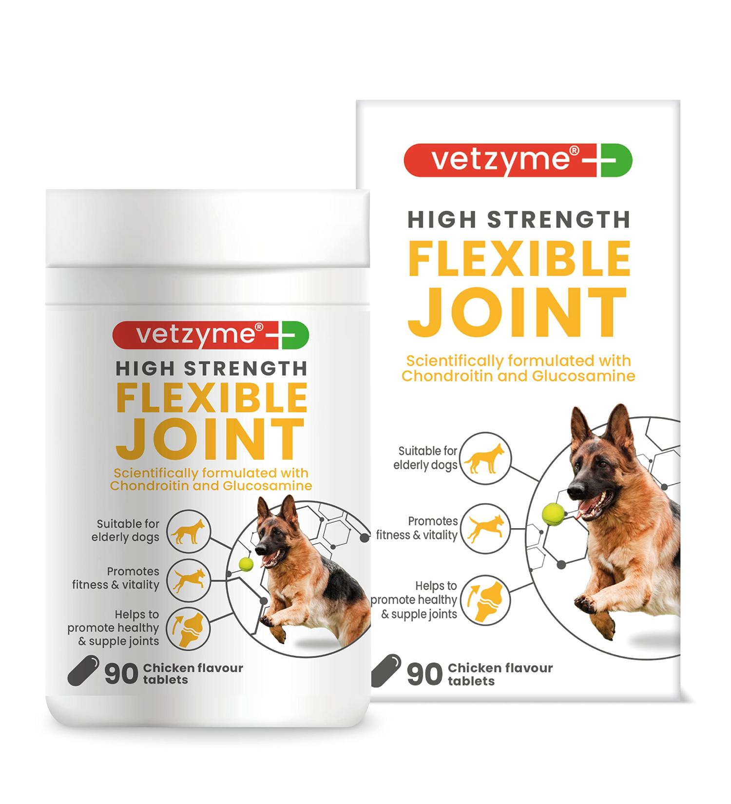 Vetzyme High Strength Flexible Joint Supplements for Senior Dogs (90 Tablets) - Hip and Joint Care with Chondroitin and Glucosamine Tasty Chicken Flavour 90 Count (Pack of 1) - Buy Online on GoSupps.com