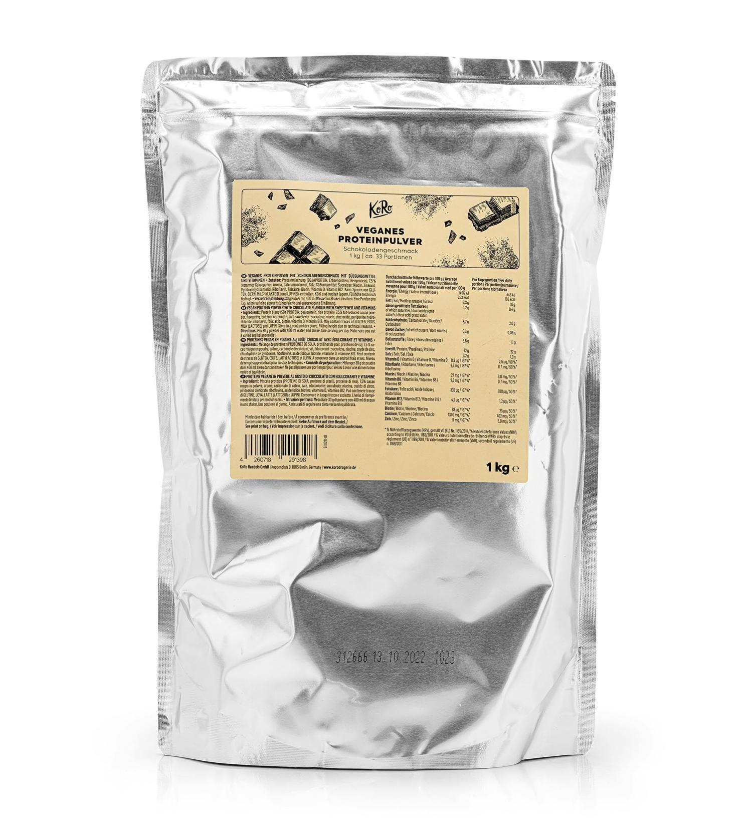 KoRo Vegan Protein Powder Chocolate 1kg - Plant-Based Rice Pea & Soy Protein for Rich Flavor & High Protein Content - Buy Online Internationally - Buy Online on GoSupps.com