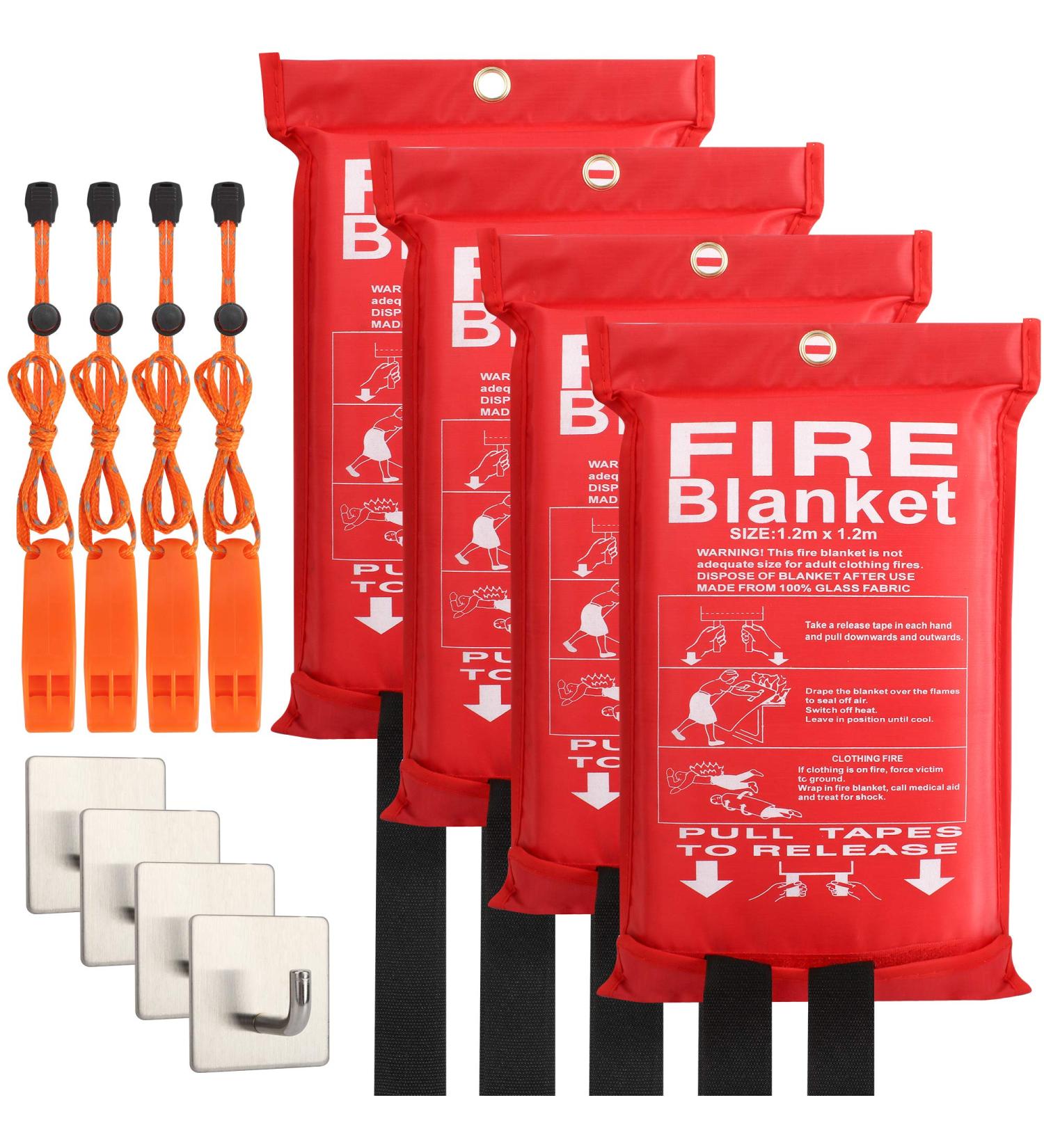 ELDAR 4-Pack X-Large Fiberglass Fire Blanket Set - Emergency Fire Suppression Safety Blankets for Kitchen & Home - Includes Emergency Whistles - 47.2 * 47.2 Inches - Buy Online on GoSupps.com