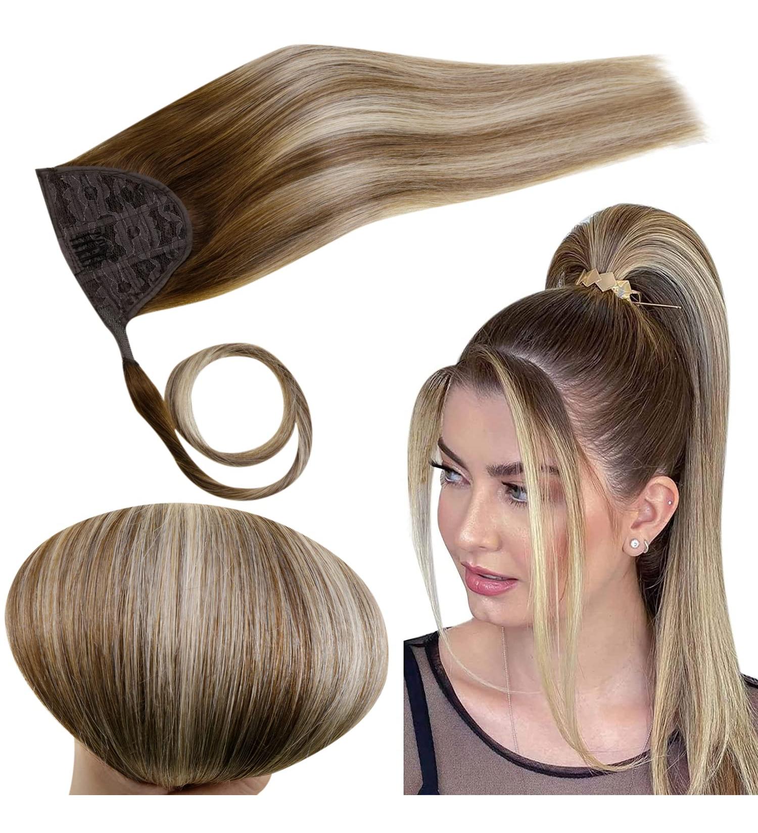 Runature 18 Remy Human Hair Ponytail Extension - Dark Brown & Golden Blonde Mix Invisible Clip-In Braid 80g - Buy Online on GoSupps.com