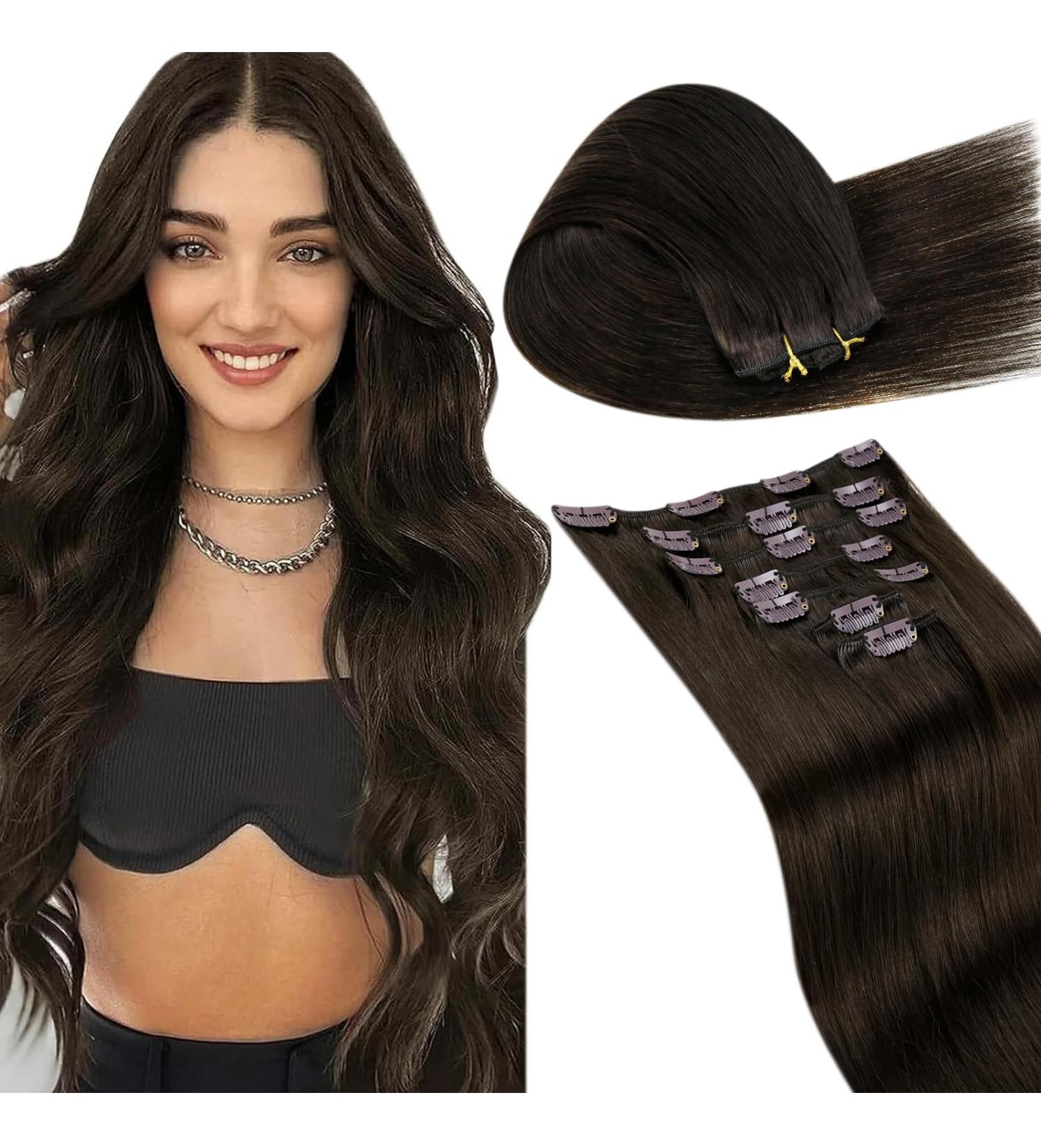 Shop Laavoo Real Hair Clip-In Extensions - Dark Brown #2 35cm 105g | Invisible Clip Hair Extensions for Volume & Length - Buy Online on GoSupps.com
