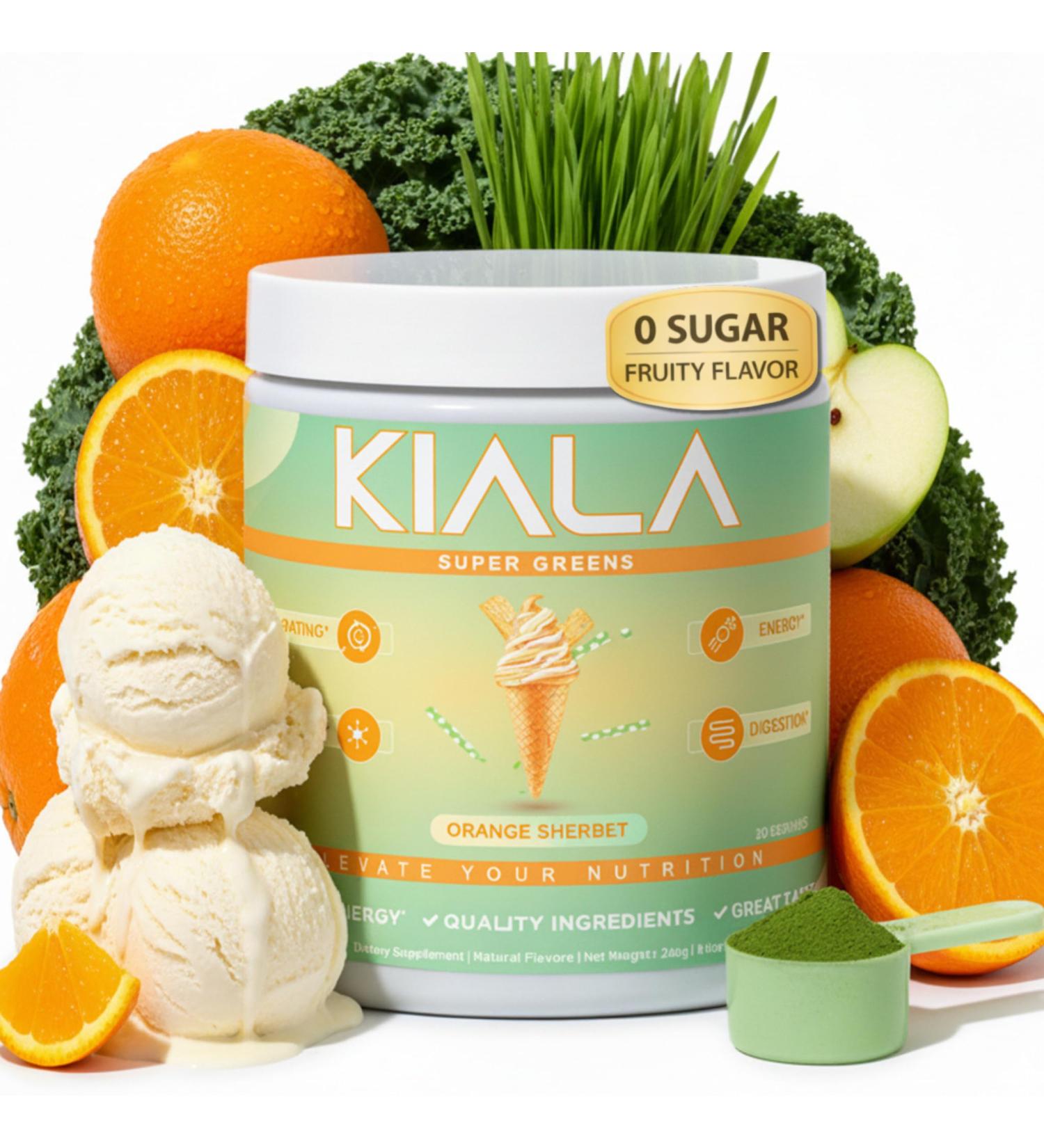 Kiala Nutrition Super Greens Organic Greens Powder with Spirulina & Chlorella for Digestion Gut Health Immunity Adaptogens Energy Gluten Free Vegan Sugar Free Orange Sherbet 30 Servings - Buy Online on GoSupps.com
