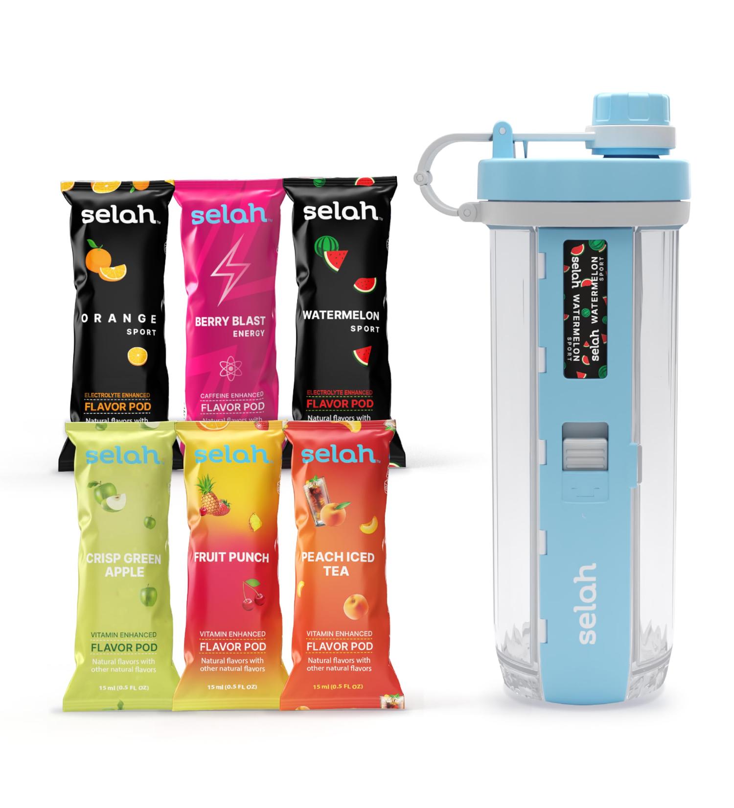 Selah Flavored Water Bottle - 20oz Water Bottle With Flavor Pods Included - Energy Drink Pods Flavor Cartridges Water Enhancer and Sports Drink Pods (Blue 6 Flavor Pod) 6 Flavor Pod Blue - Buy Online on GoSupps.com