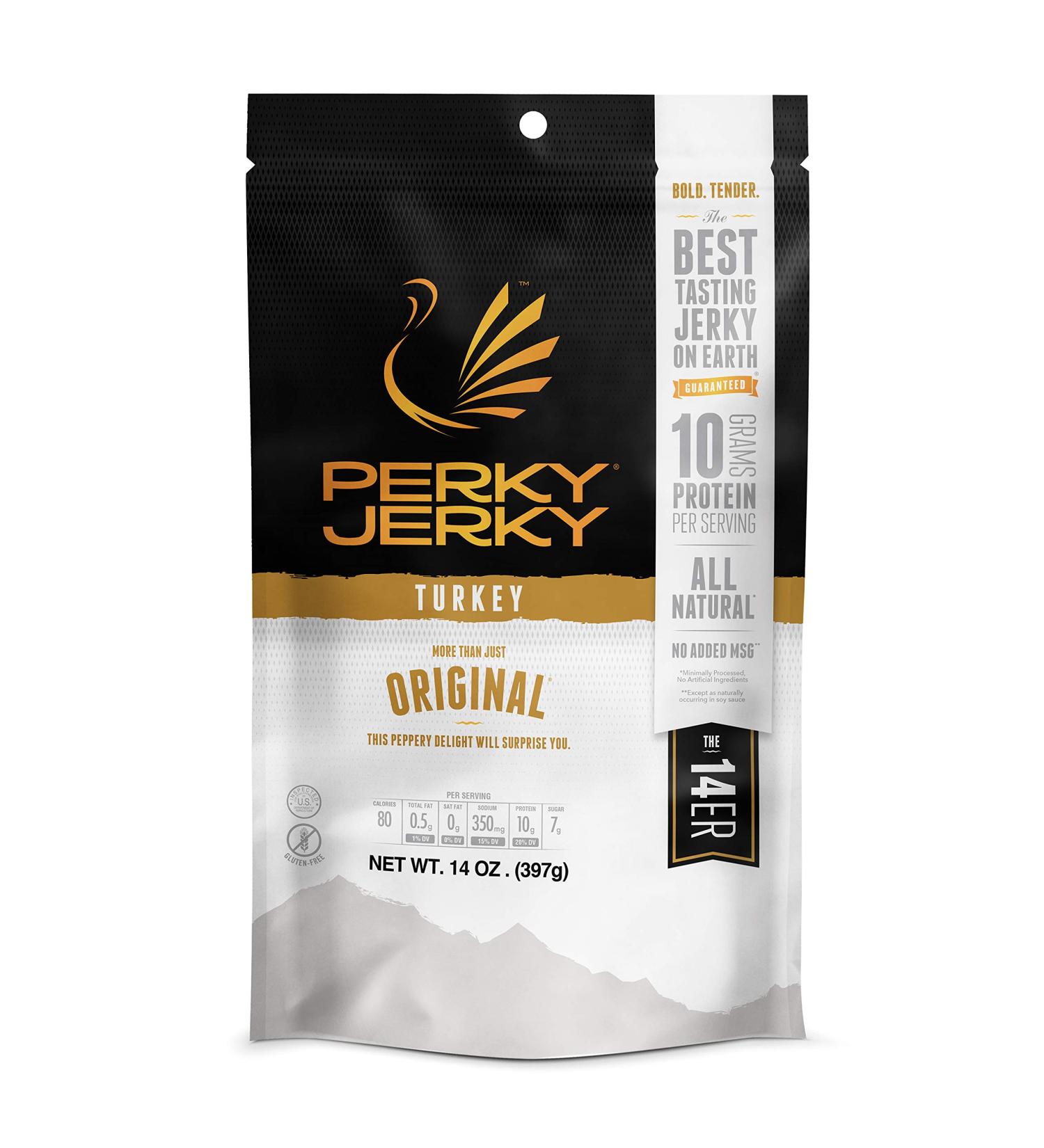 Perky Jerky Original Turkey Jerky  14oz - Low Sodium - 10g Protein per Serving - Low Fat - 100% U.S. Sourced - Handcrafted  Tender Texture and Bold Flavor 14oz TURKEY - Original - Buy Online on GoSupps.com