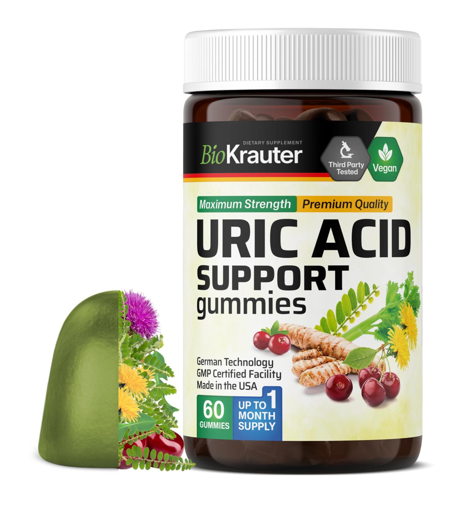 BIO KRAUTER Uric Acid Support Gummies - 60 Vegan Chews - Uric Acid Support w/Tart Cherry & Chanca Piedra 4:1 Extracts - Natural Kidney Supplement w/Milk Thistle and Turmeric - Buy Online on GoSupps.com
