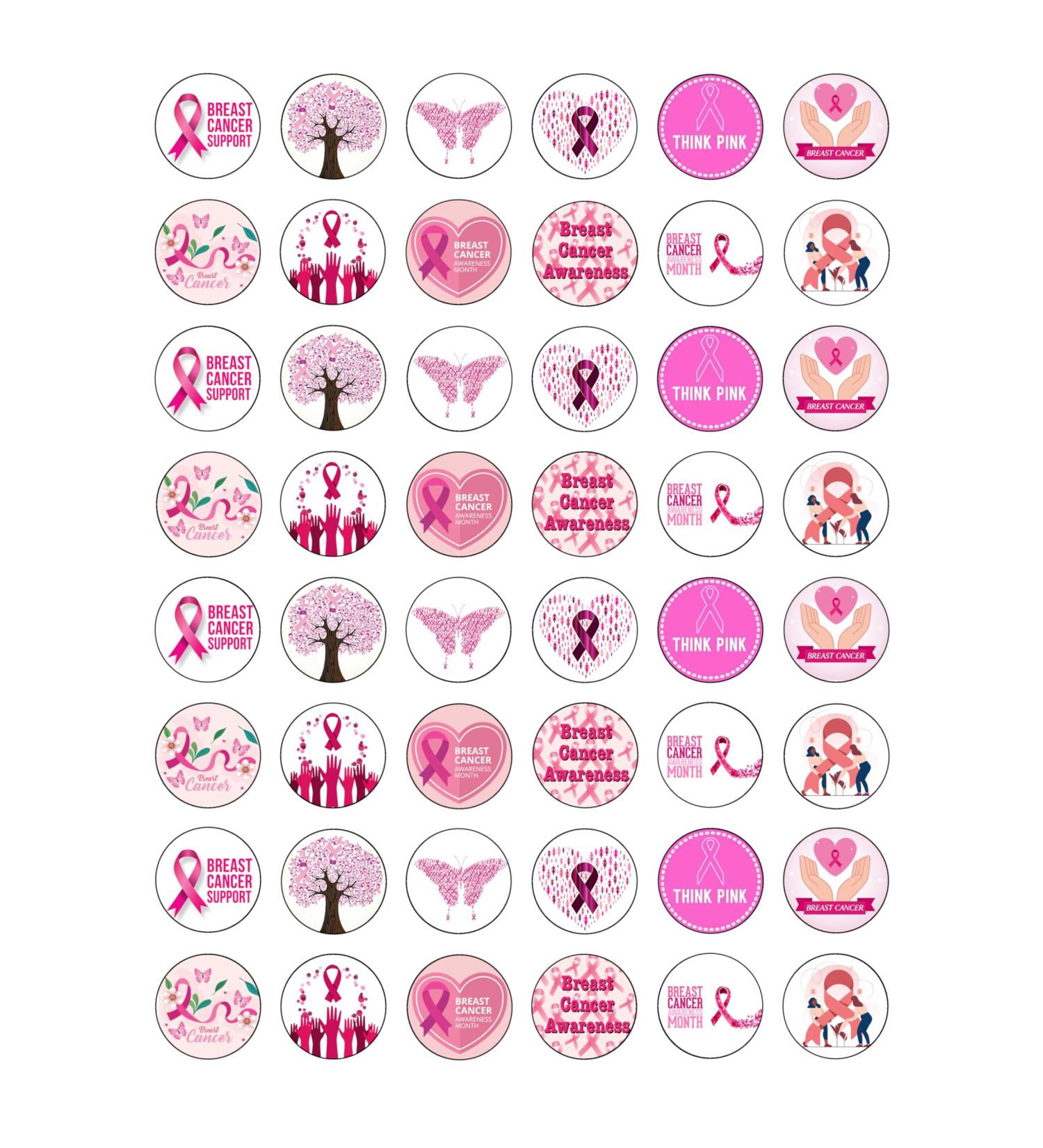 48 Breast Cancer Awareness Charity Fundraising Edible Wafer Paper Round Cake Toppers Decorations