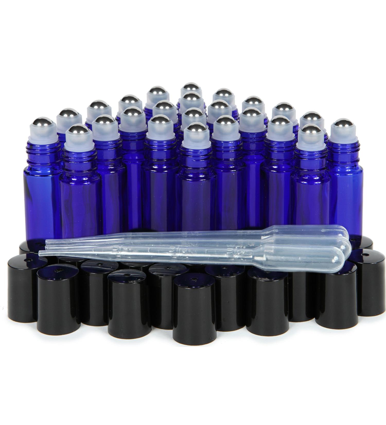 Vivaplex 24-Pack Cobalt Blue 10ml Glass Roll-on Bottles with Stainless Steel Roller Balls + 3 Droppers - Buy Online on GoSupps.com