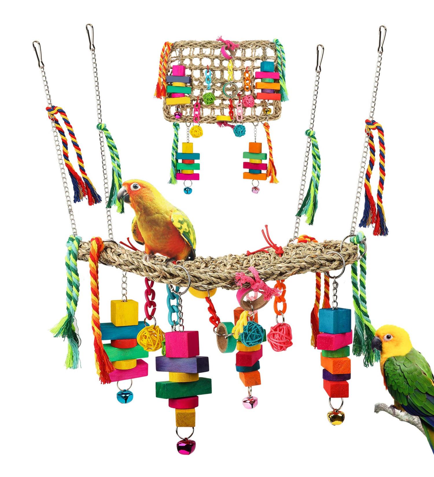 Seagrass Bird Swing Toy with Colorful Ropes and Wooden Chew Toys - For Lovebirds, Parakeets, Conures, Cockatiels - Buy Online on GoSupps.com