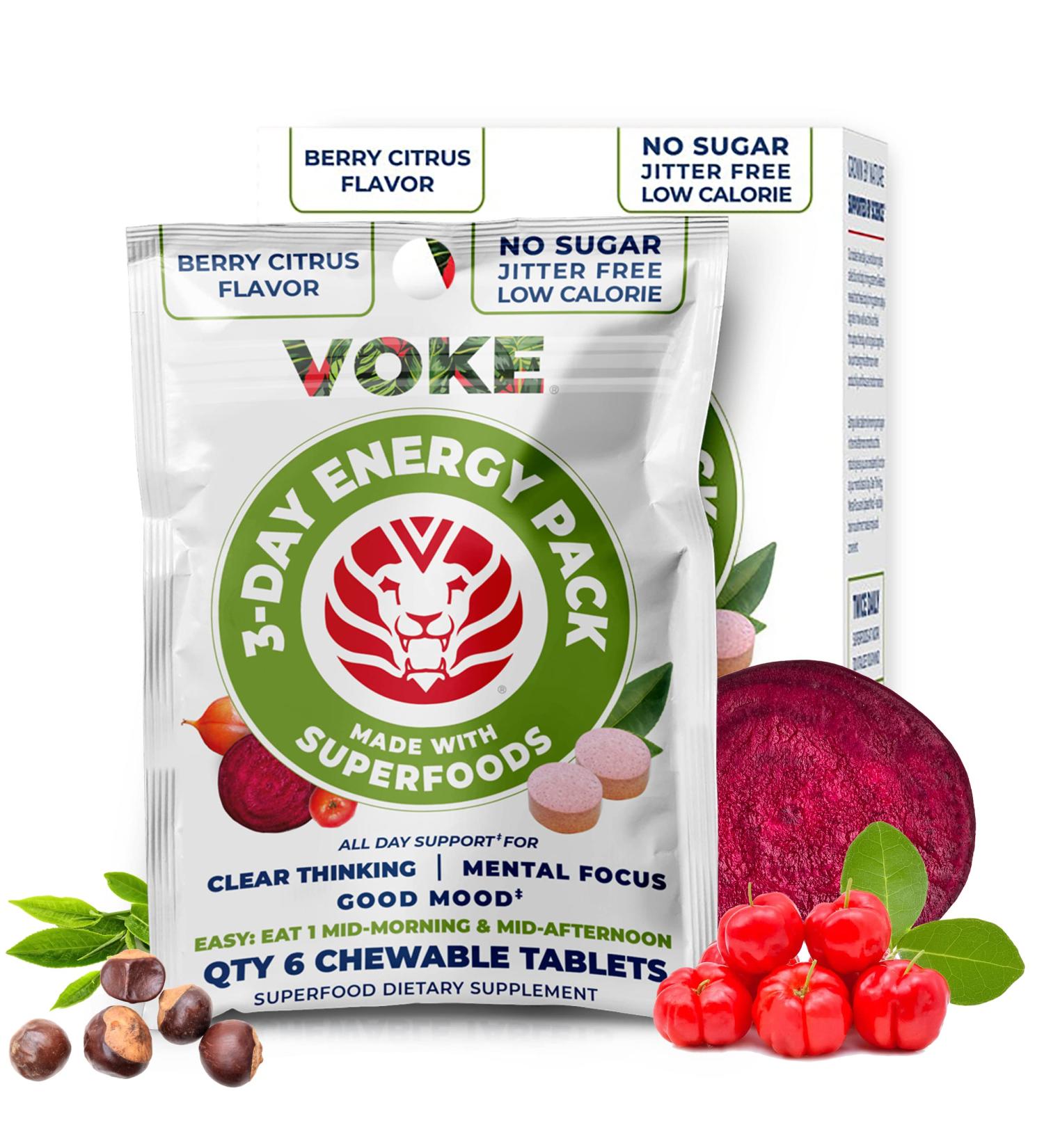 Voke ENERGY TABLETS - Superfood Chewable for Focus & Clarity | 30 Count (Pack of 5) | Vitamin C Mood Support Portable & Resealable - Buy Online on GoSupps.com