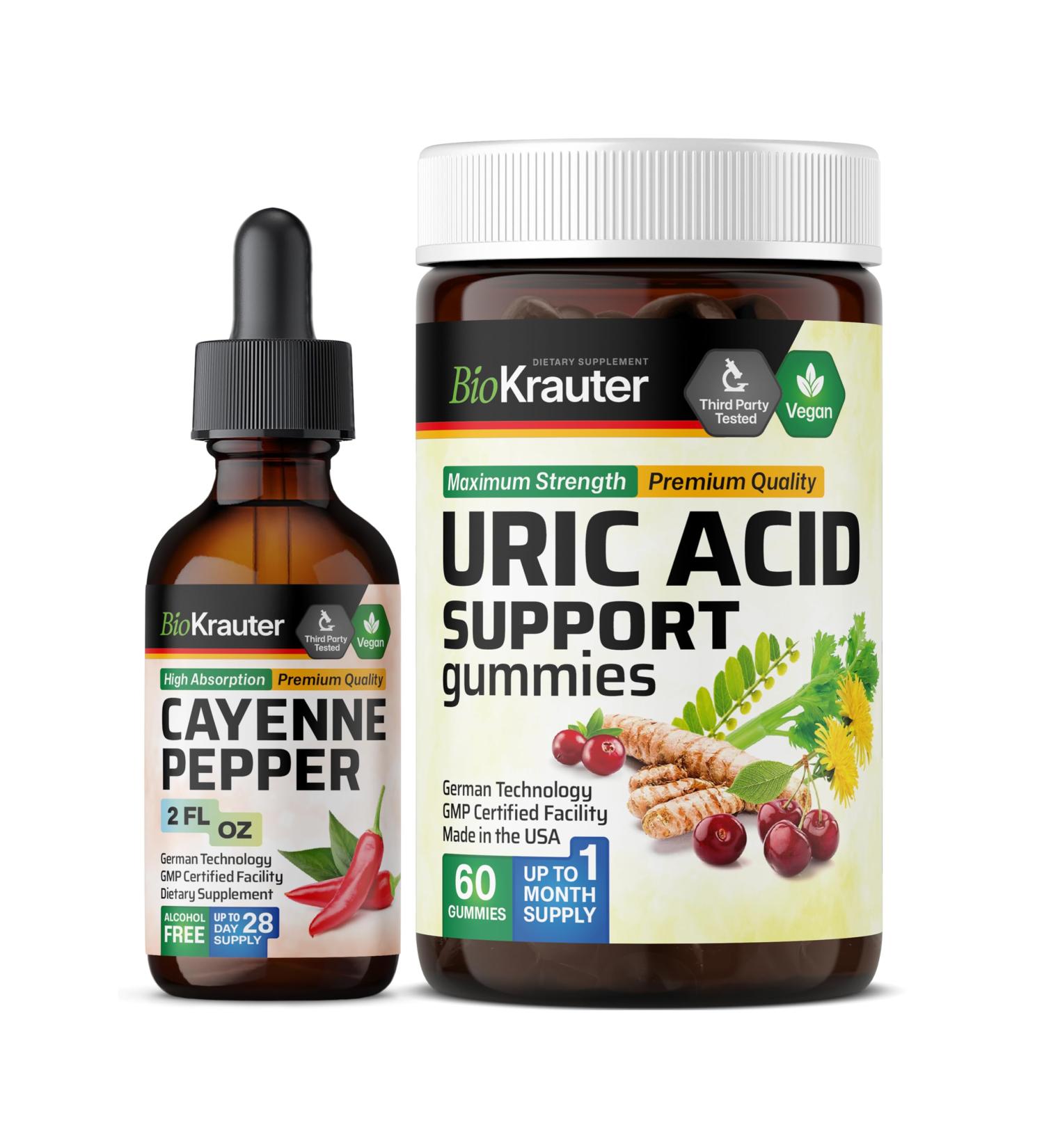 BIO KRAUTER Cayenne Tincture 2 Fl. Oz. & Uric Acid Support 60 Gummies - Buy Online on GoSupps.com