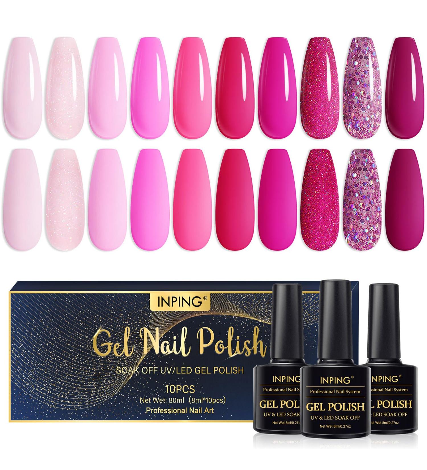 INPING Gel Nail Polish Set - 10 Neon & Rose Shades | Shimmer Glitter Varnish | Soak Off, Long Lasting | DIY Salon Manicure Gift for Women - Buy Online on GoSupps.com