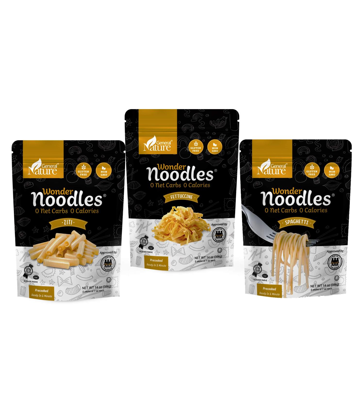 Wonder Noodles Variety Pack - Carb-Free Keto Pasta - Gluten-Free Kosher Vegan - Zero Calories - Ready to Eat - 14oz Spaghetti, Fettuccine, Ziti - Buy Online on GoSupps.com