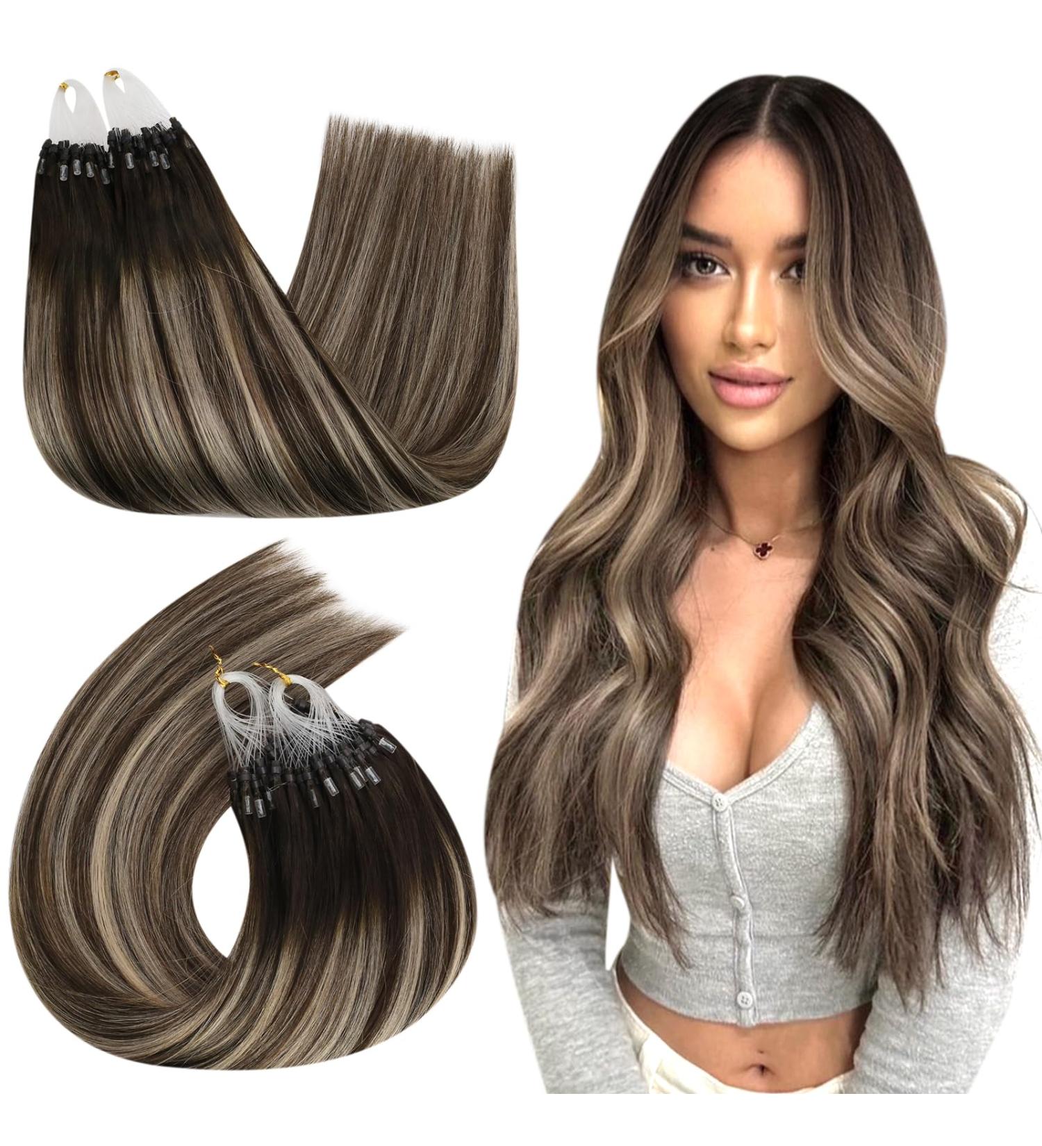 Ugeat Microring Extensions Real Hair - Brown Ombre 45cm Remy Hair with 50 Highlights Micro Loop #4/18/4 50g - Buy Online on GoSupps.com