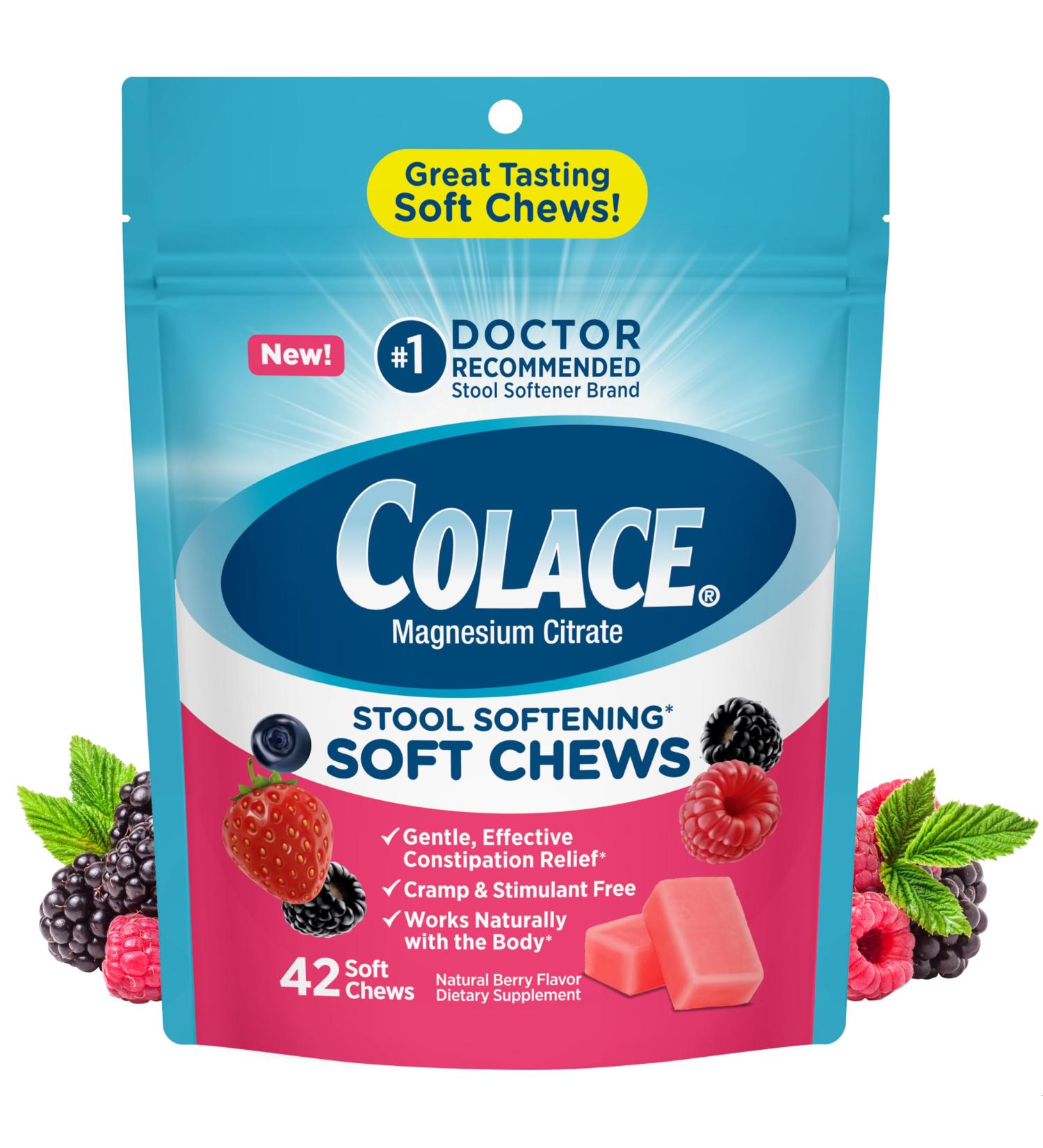 Colace Stool Softener Soft Chews Gentle Constipation Relief No.1 Doctor Recommended Stool Softener Brand 42 Mixed Berry Chews 42 Count (Pack of 1) - Buy Online on GoSupps.com
