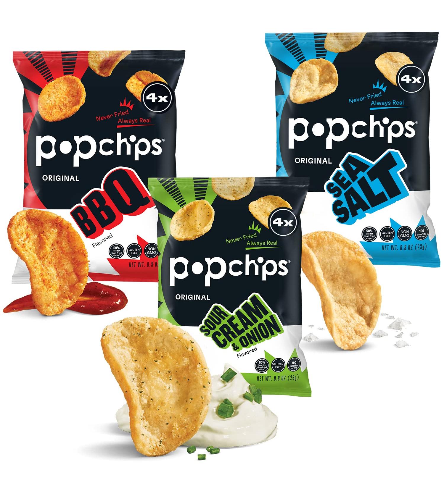 Popchips Potato Chips Variety Pack - Sea Salt, BBQ, Sour Cream & Onion - 12ct Single Serve 0.8oz Bags - Gluten Free & Non-GMO - Healthy Snacks for Adults and Children - Kosher Certified - 100 Calories Per Bag - Buy Online on GoSupps.com