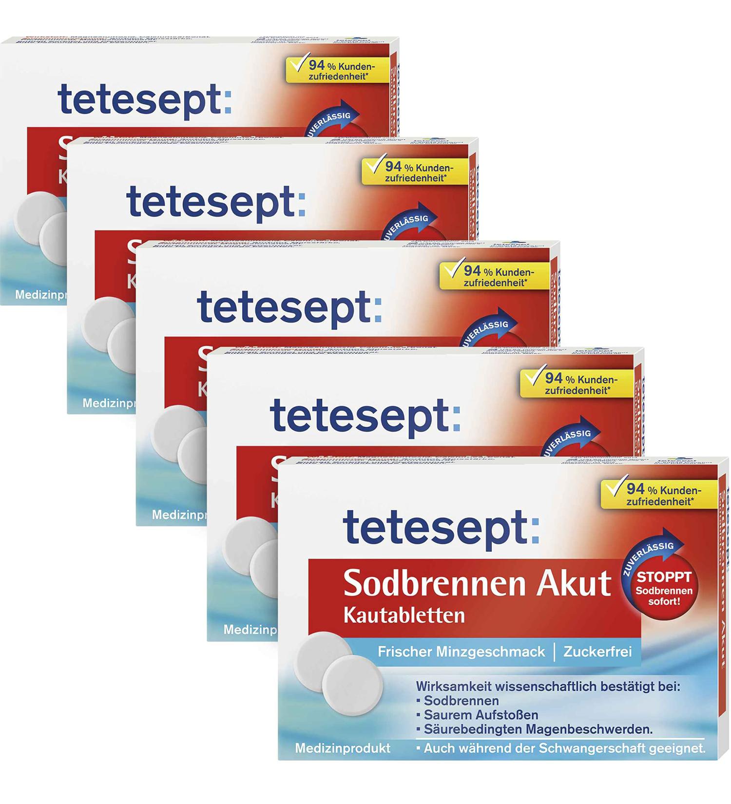 Tetesept Heartburn Acute Chewing Tablets - Sugar-Free Fast-Acting Mint Flavor | 5 Packs of 20 Tablets - Effective Relief for Heartburn - Buy Online on GoSupps.com