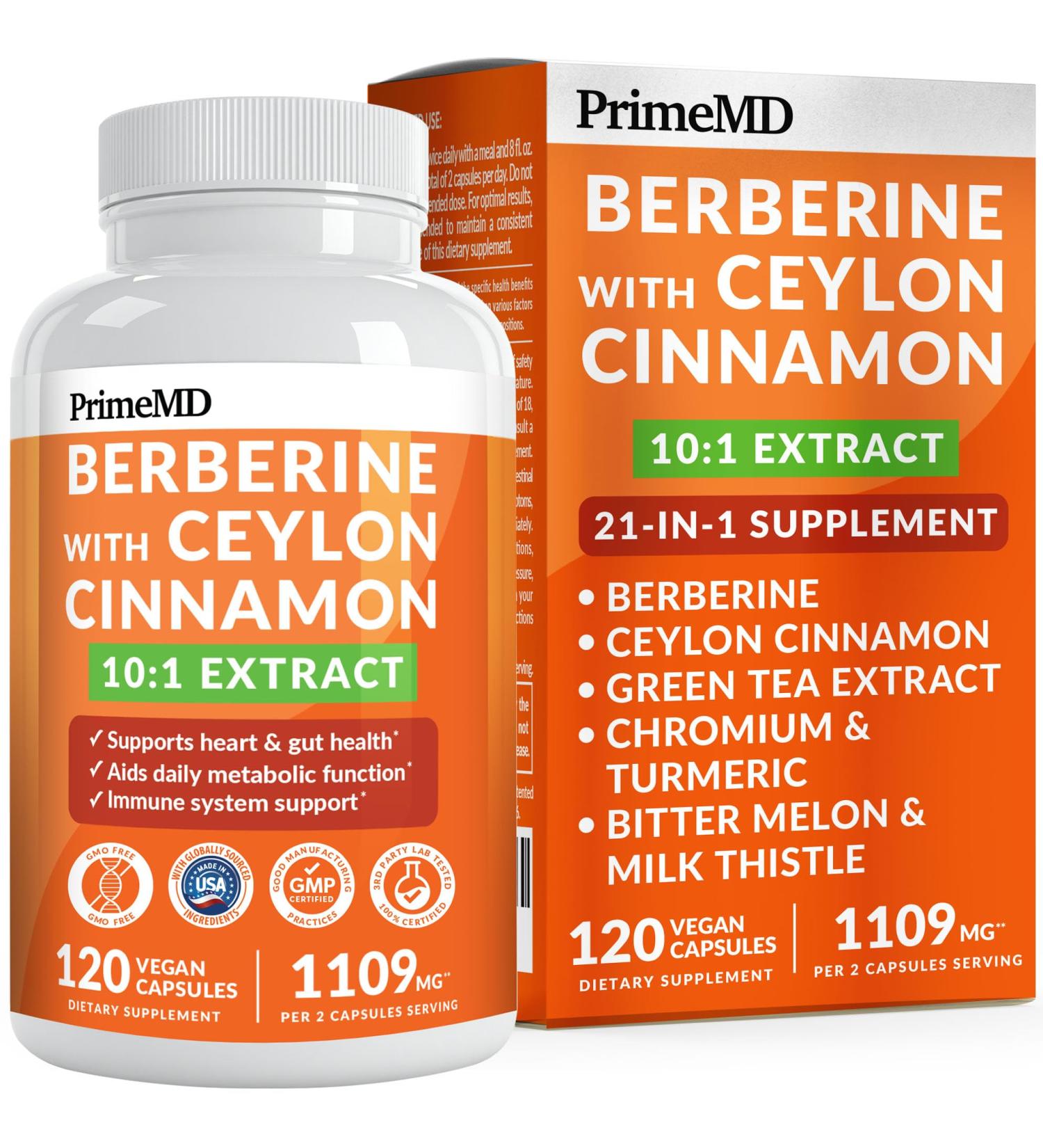 21-in-1 Berberine Supplement with Ceylon Cinnamon with Chromium, Bitter Melon and Green Tea Extract and Black Pepper Extract 5X for Energy & Metabolism Support with 5279 mg (120 ct, Pack of 1) 120 Count (Pack of 1) - Buy Online on GoSupps.com