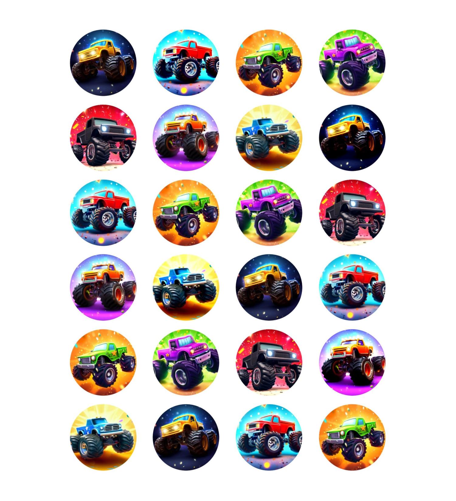 24 x Monster Truck Mix Edible Wafer Card Cupcake Toppers Cake Party Decorations