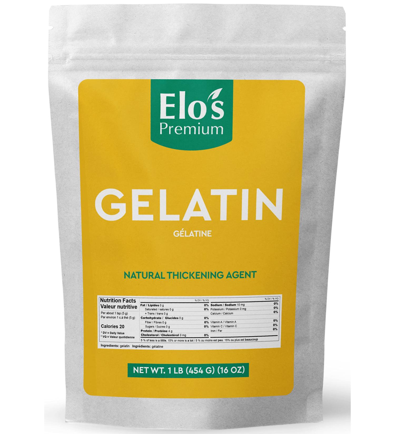 Gelatin (1lb 454g) by Elo s Premium |100% All-Natural Food Grade powder Unflavored Thickener| Packaged In Canada| Used As Thickener Stabilizer Texturiser| Non-GMO Gluten Free| Make Yogurt Fruit Gelatins Puddings and more - Buy Online on GoSupps.com