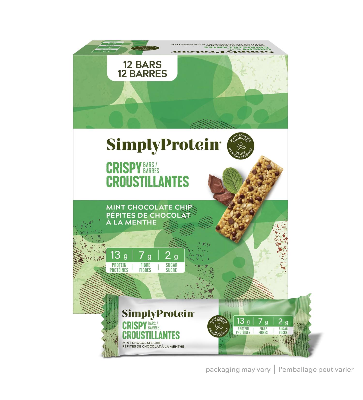 Simply Protein - Mint Chocolate Crispy Bars - Plant Based Protein Bars - Low Carb Low Sugar High Fibre - 13g Protein 2g Sugar 7g Fibre - Vegan Gluten Free Non GMO Kosher - 12 Bars Mint Chocolate Chip 12 Count (Pack of 1) - Buy Online on GoSupps.com