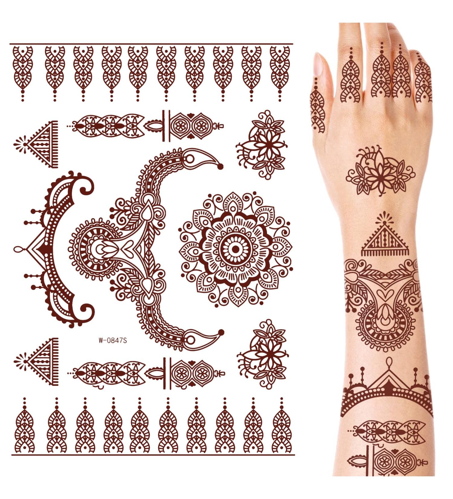 Brown Henna Temporary Tattoo Stickers - 6 Sheets for Women - Waterproof and Removable Fake Tattoos - DIY Body Art for Face, Arms, Legs - Sexy Lace Design - Buy Online on GoSupps.com