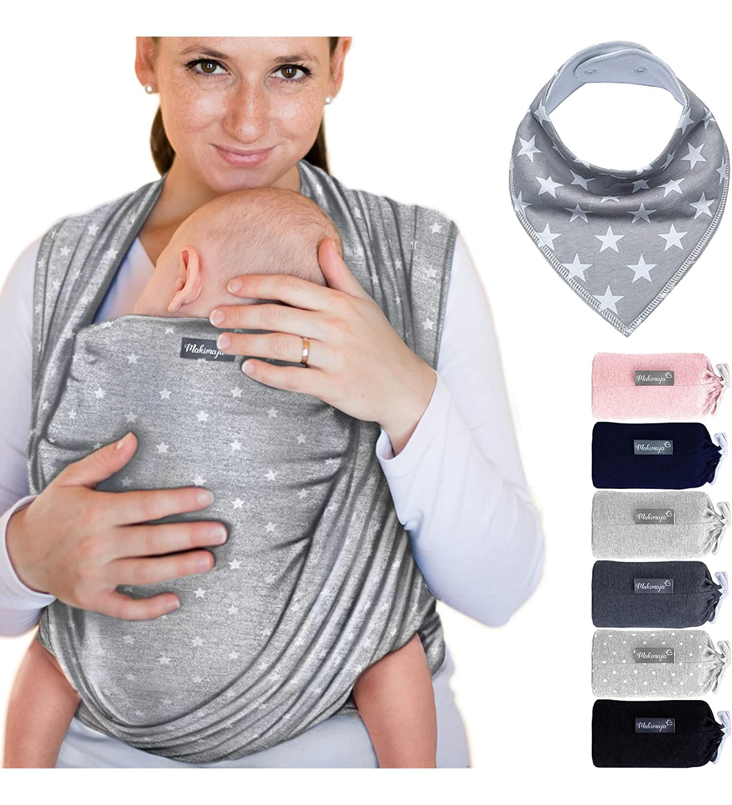 Makimaja - 100% Cotton Baby Wrap Carrier - Light Grey with Stars - Shoulder Strap for Newborns and Babies Up to 15 Kg - Includes Storage Bag and Bib - Buy Online on GoSupps.com