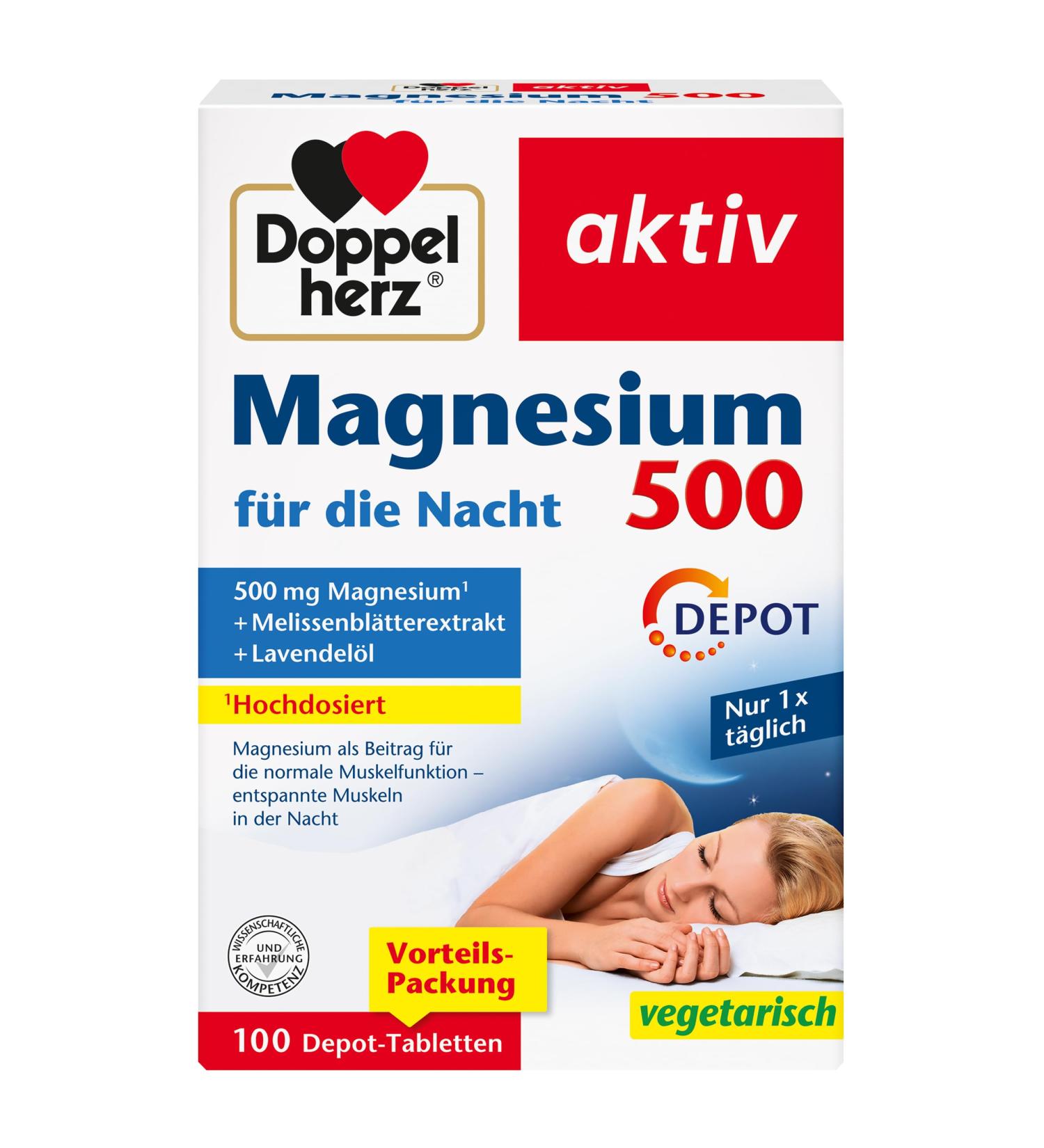 Double Heart Magnesium 500 - High Dose Sleep Support with Lemon Balm & Lavender Oil - 100 Depot Tablets for Muscle Function - Buy Online on GoSupps.com