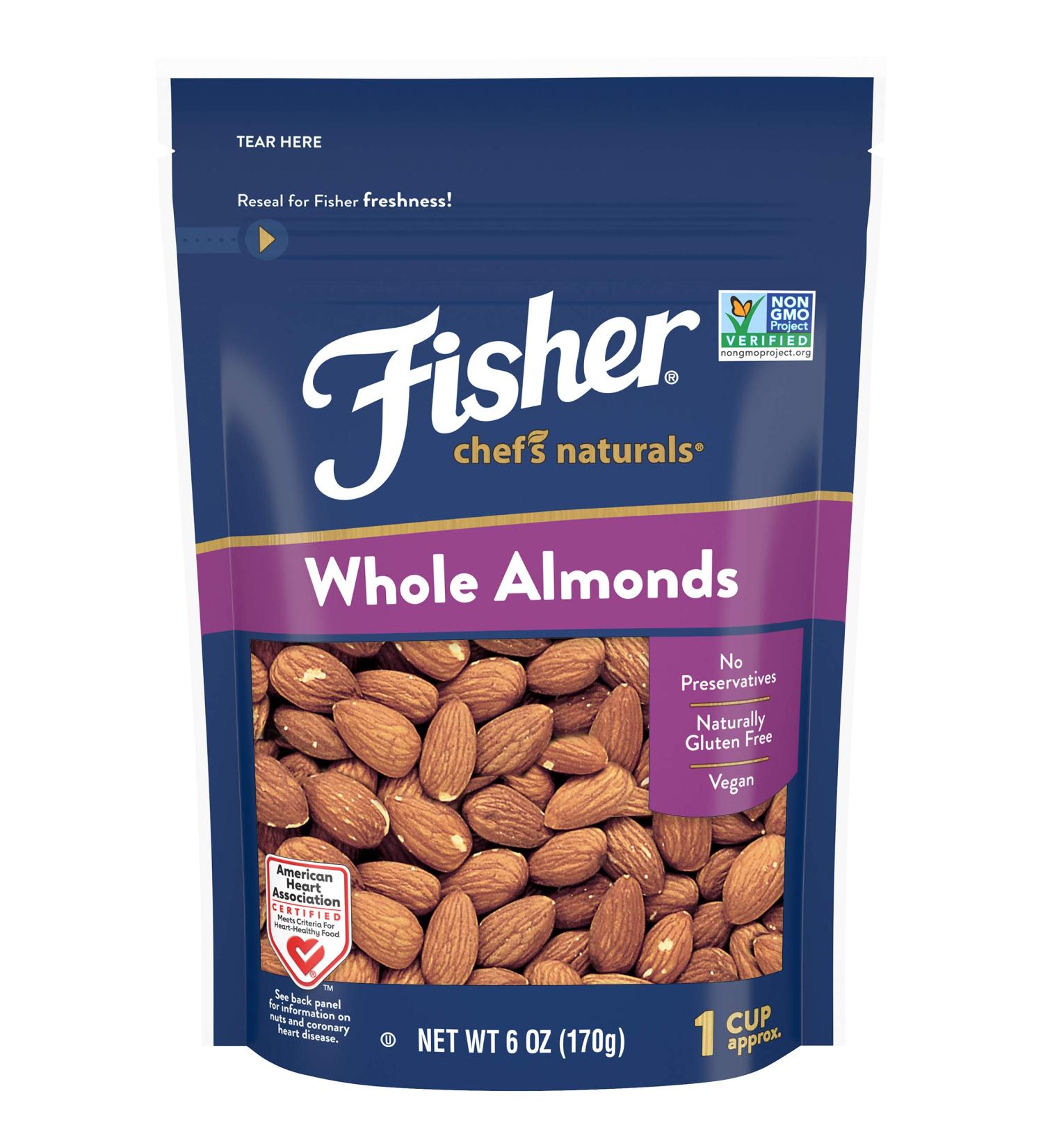 Fisher Whole Almonds 6 oz - Unsalted Low Carb Snack | Gluten Free, Non-GMO, Keto, Paleo, Vegan Friendly - Buy Online on GoSupps.com