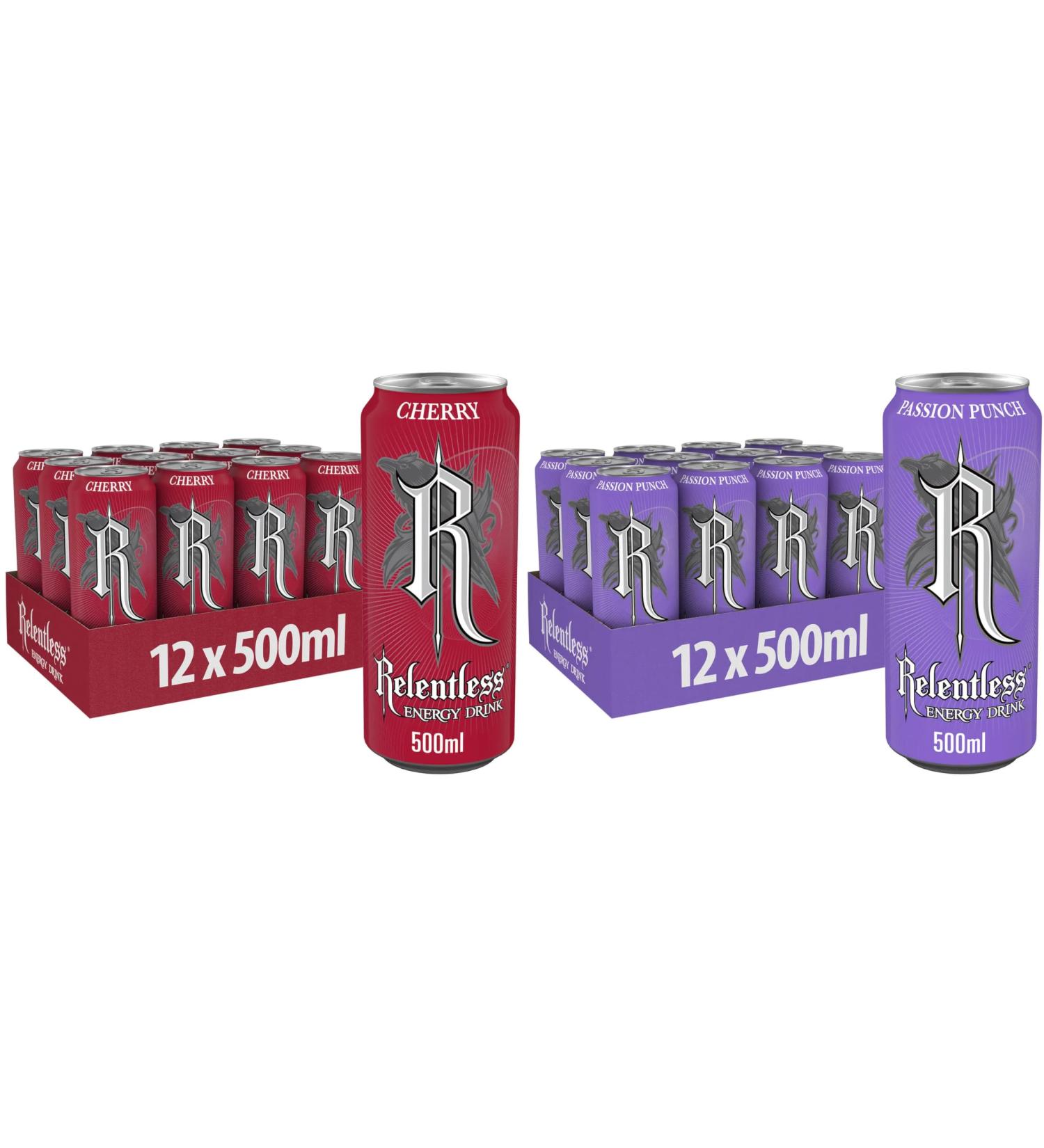 Relentless Energy Drinks 24 Pack 500ml (12 Cans Cherry & 12 Cans Passion Punch) - By Shop 4 Less