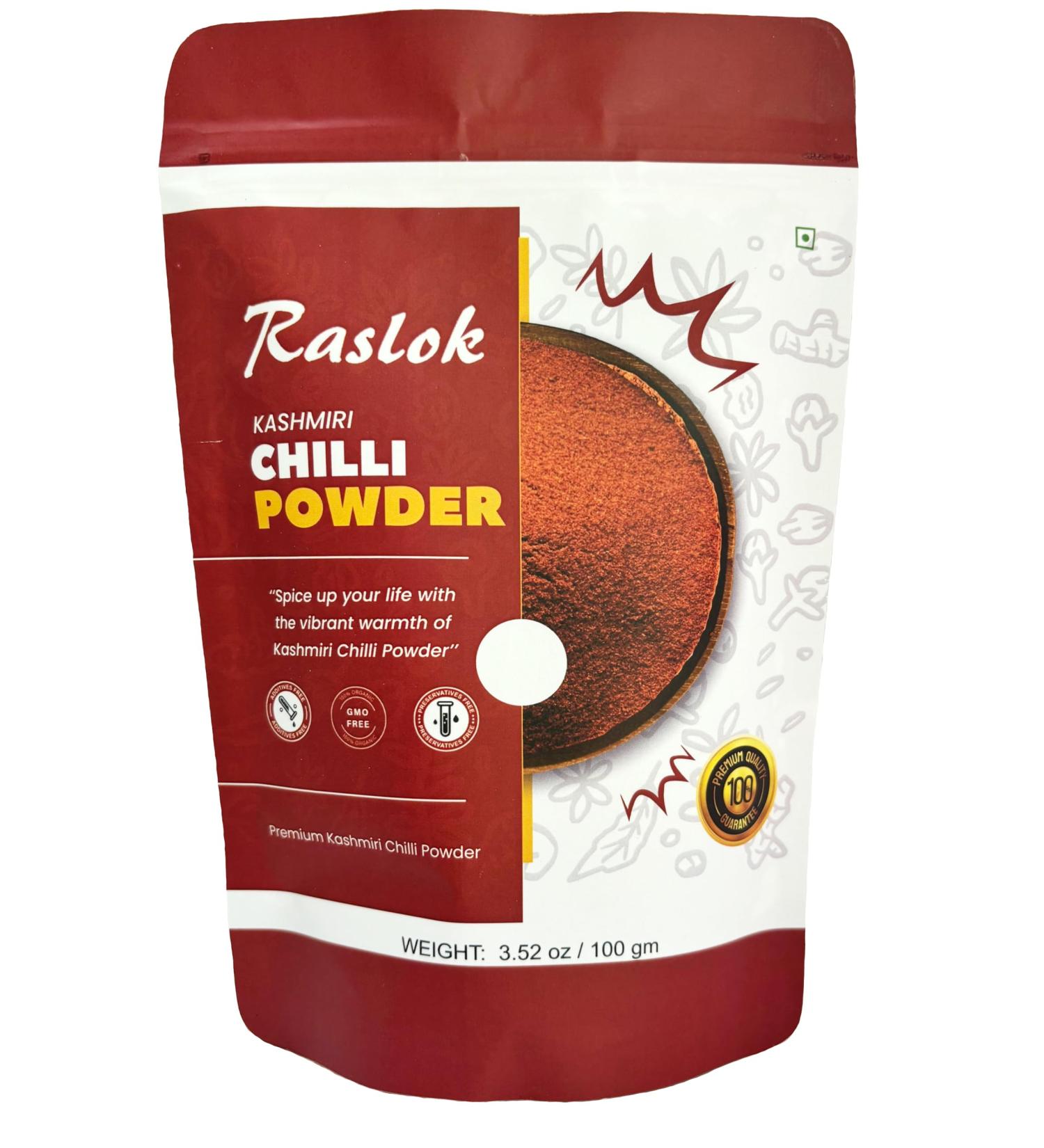Raslok 100% Pure Kashmiri Chilli Powder 100gm - 3.5OZ (Deggi Mirch Low Heat) | Ground Indian Spices| Indian Origin || Traditional & all natural Indian Spice blend || - Buy Online on GoSupps.com
