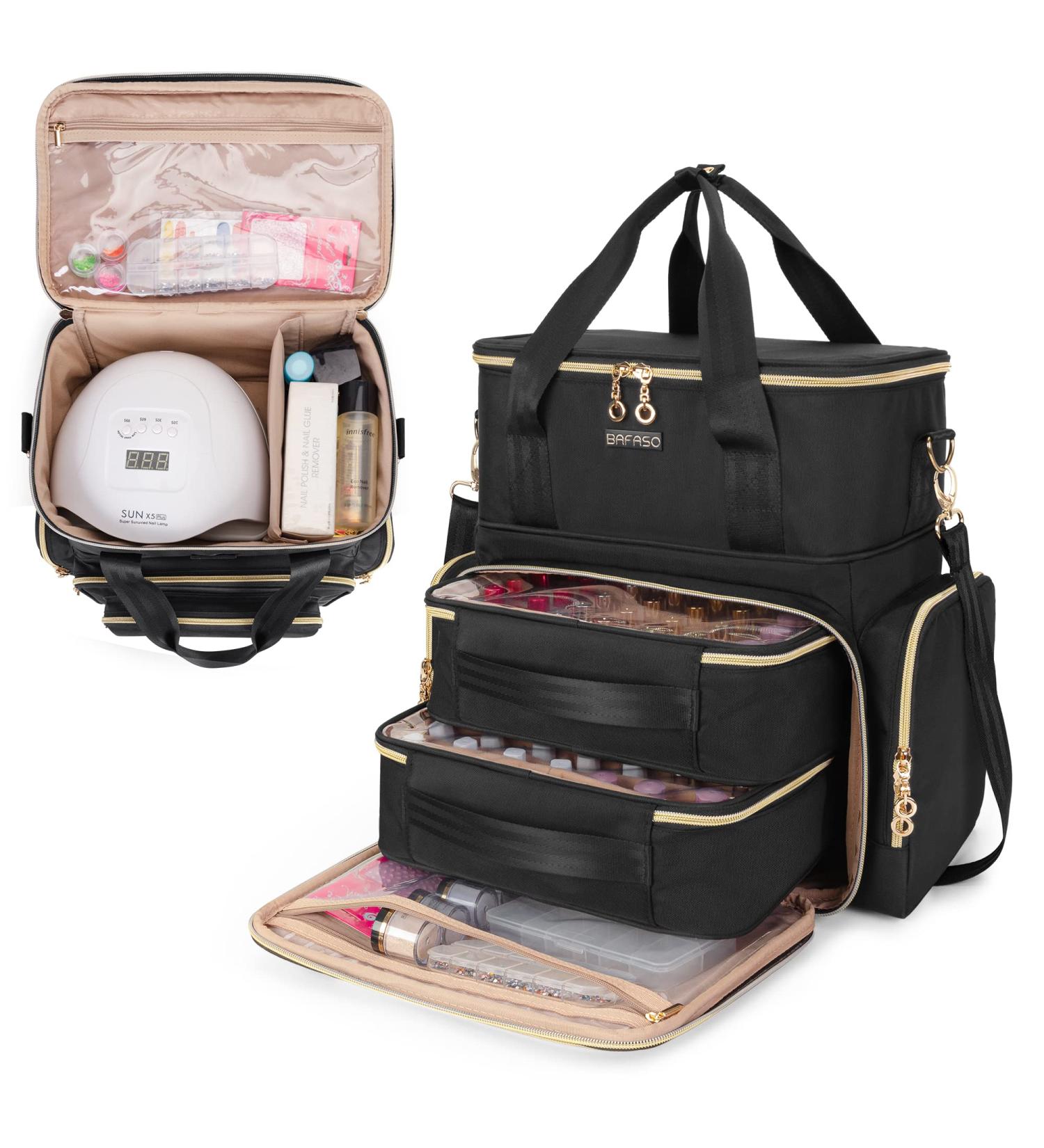 BAFASO Double Layer Nail Polish Organizer - Holds 70 Bottles - Nail Dryer Case with Pouches & Tools Storage - Black - Buy Online on GoSupps.com