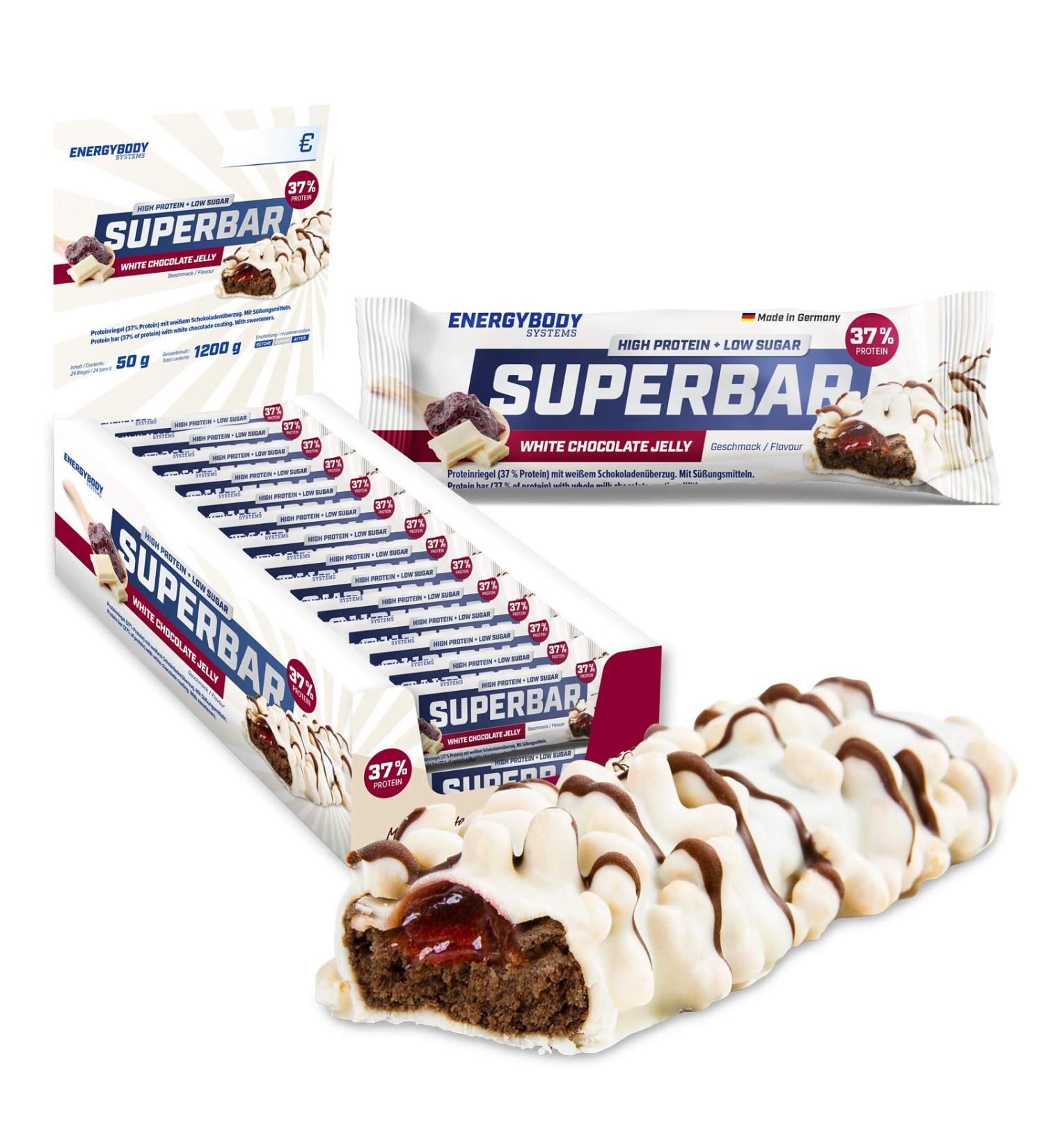 Buy Energybody Superbar Protein Bar - White Chocolate Jelly (24x50g) | High Protein (37%) & Low Sugar (2g) | Ideal Low Carb Nutrition - Buy Online on GoSupps.com
