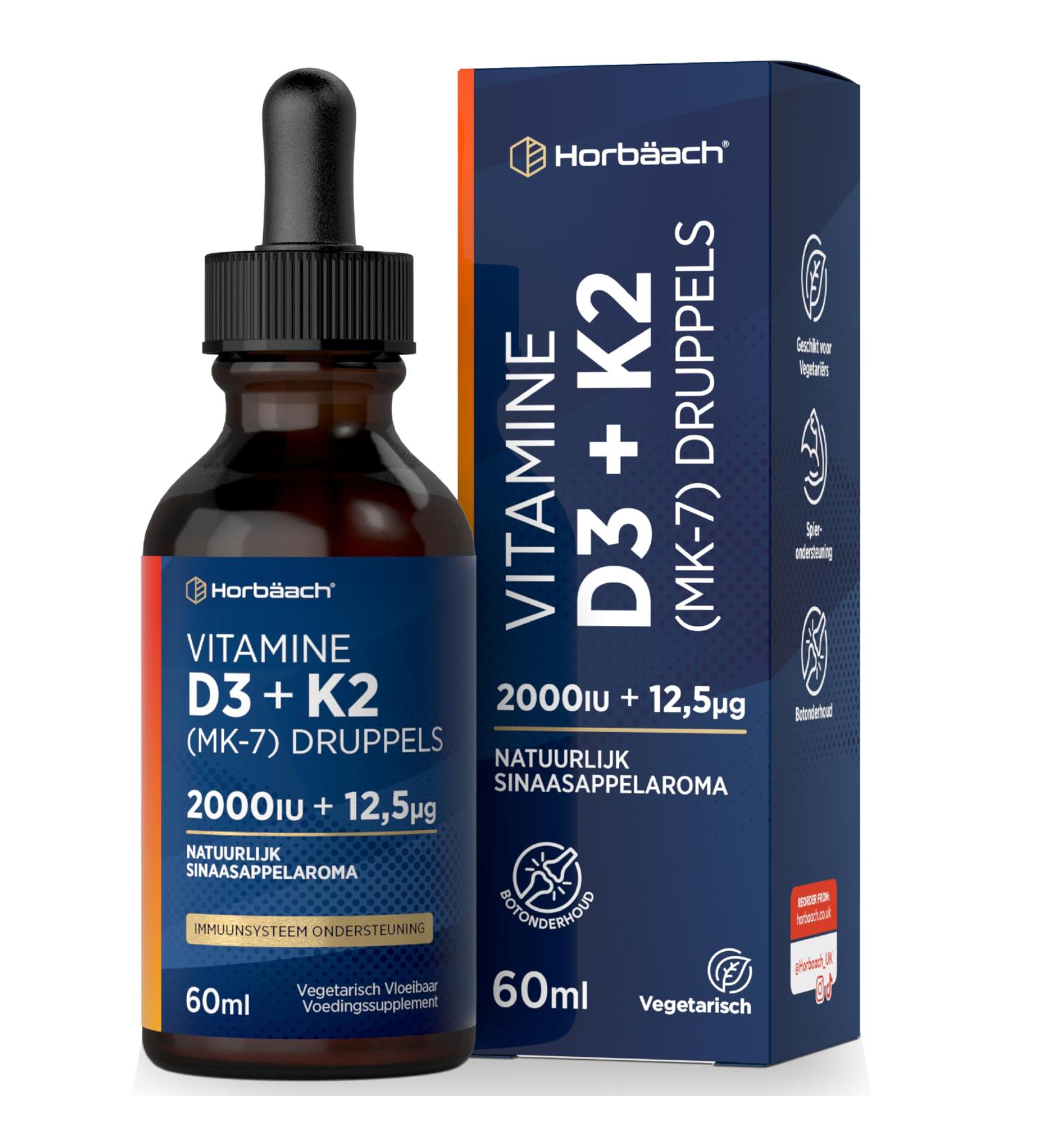 Vitamin D3 K2 Drops 60ml Vitamin D3 2000 iu & 125 g K2 MK7 High Dose Premium AllTrans Vegetarian D3 + K2 from Horbaach - Buy Online on GoSupps.com