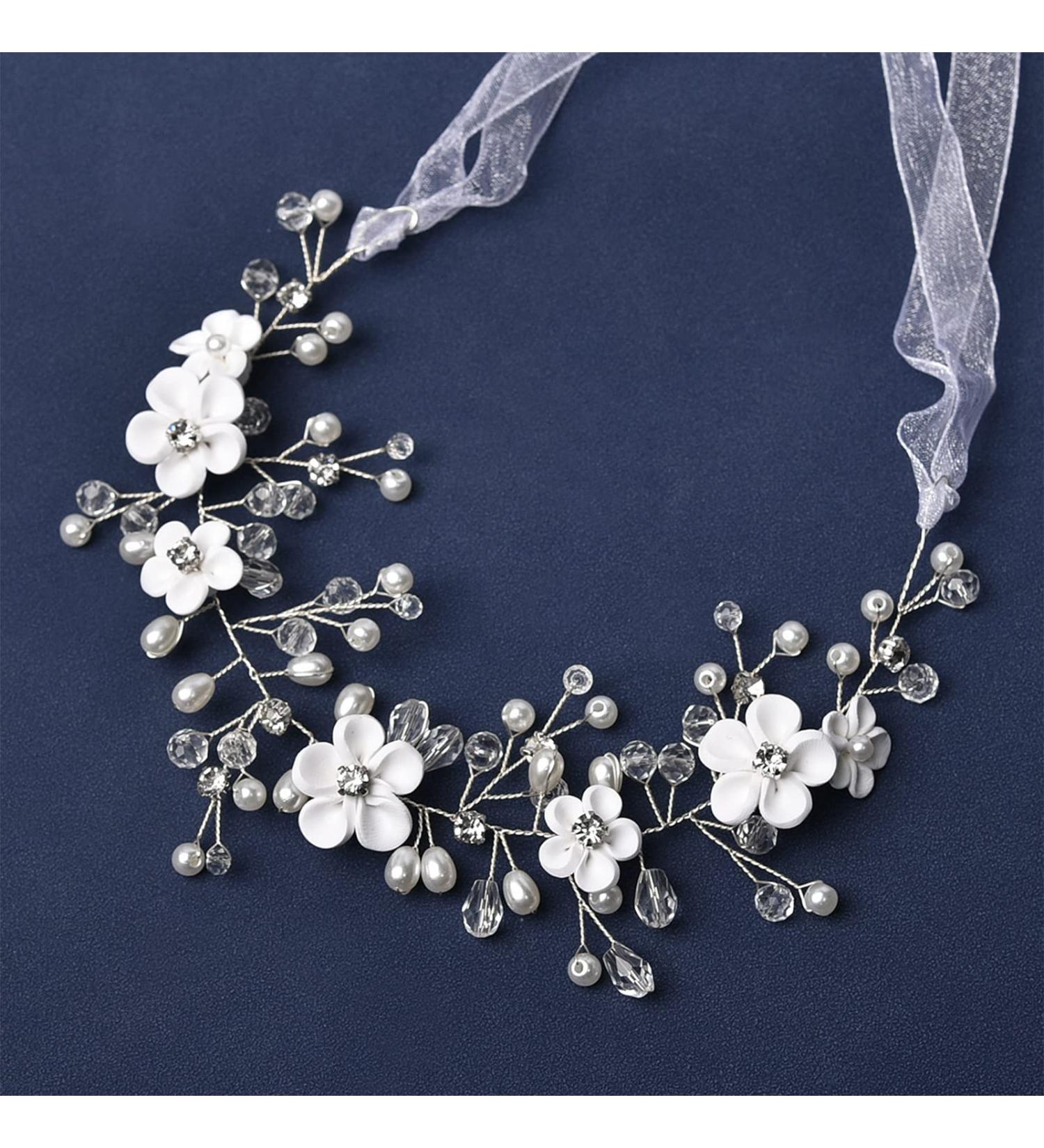 Bridal Hair Accessories Flower Wedding Hair Vine Rhinestone Crystal Headpiece With Detachable Ribbon Bridal Pearl Hair Style Accessories For Bridesmaid Women Lady Prom Party - Buy Online on GoSupps.com