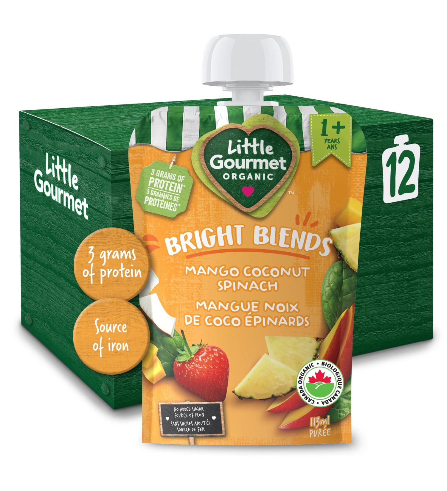 Baby Gourmet Little Gourmet Organic Bright Blends Baby Food Pouches - Mango Coconut Spinach - No Added Sugar or Salt Non GMO No Fillers - (113ml) 12-Pouches Yellow Mango Coconut Spinach 113ml - 12 Pouches - Buy Online on GoSupps.com