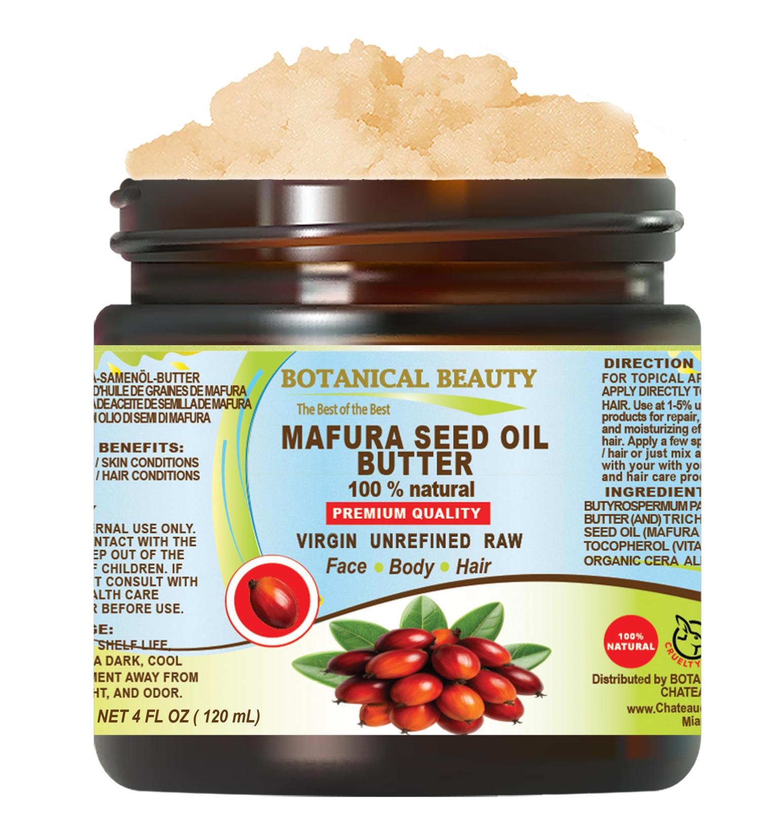 Botanical Beauty MAFURA SEED OIL BUTTER 100% Natural Pure Virgin Unrefined Raw for FACE SKIN BODY HAIR NAILS DRY SKIN. Mafura Seed Oil Shea Nut Butter Vitamin E Beeswax. 4 Fl oz 120 ml - Buy Online on GoSupps.com