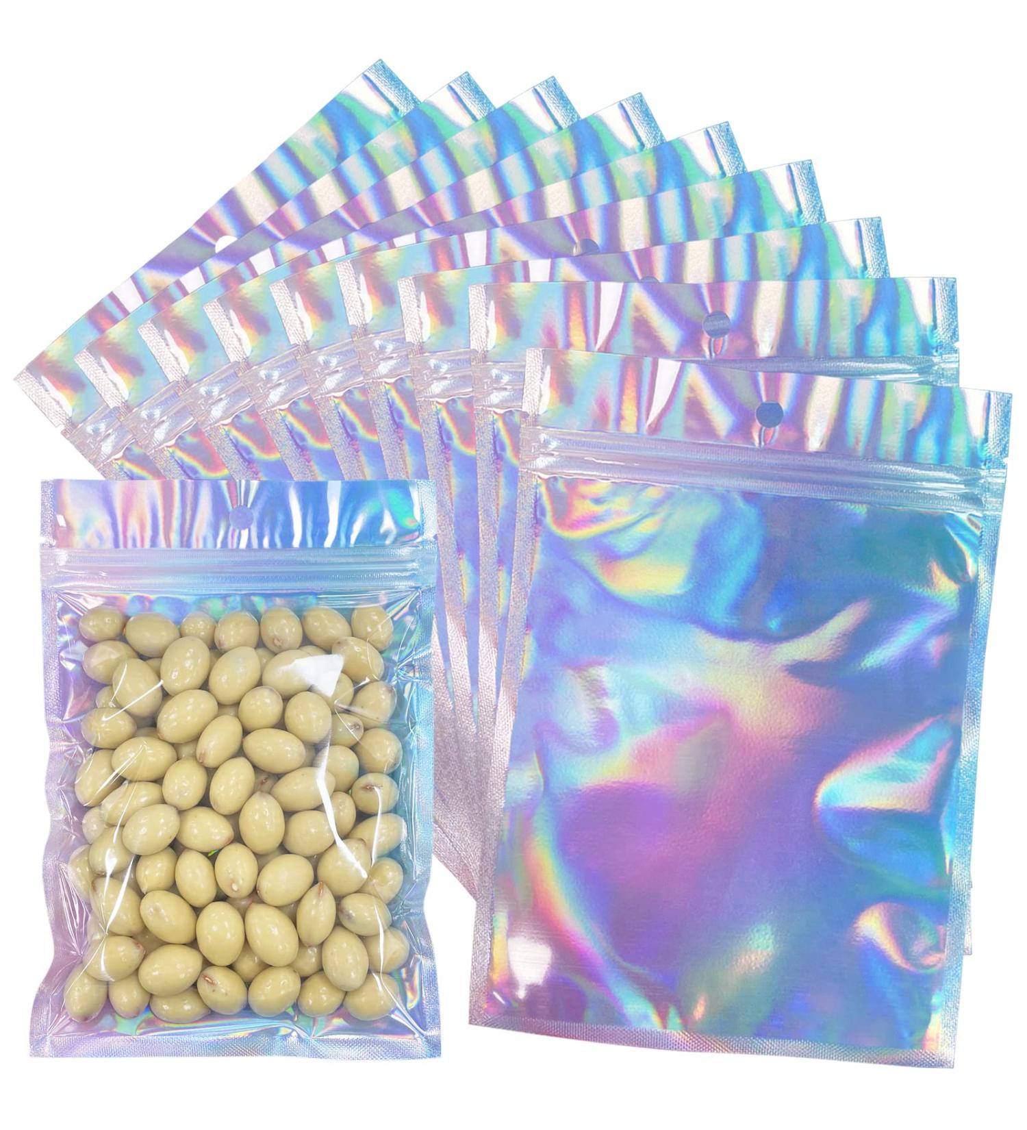100pcs 5.5x7.8 Resealable Holographic Mylar Bags - Foil Zip Lock Sample Pouch for Candy, Jewelry, Lip Gloss - Gift Baggies for Packaging - Buy Online on GoSupps.com