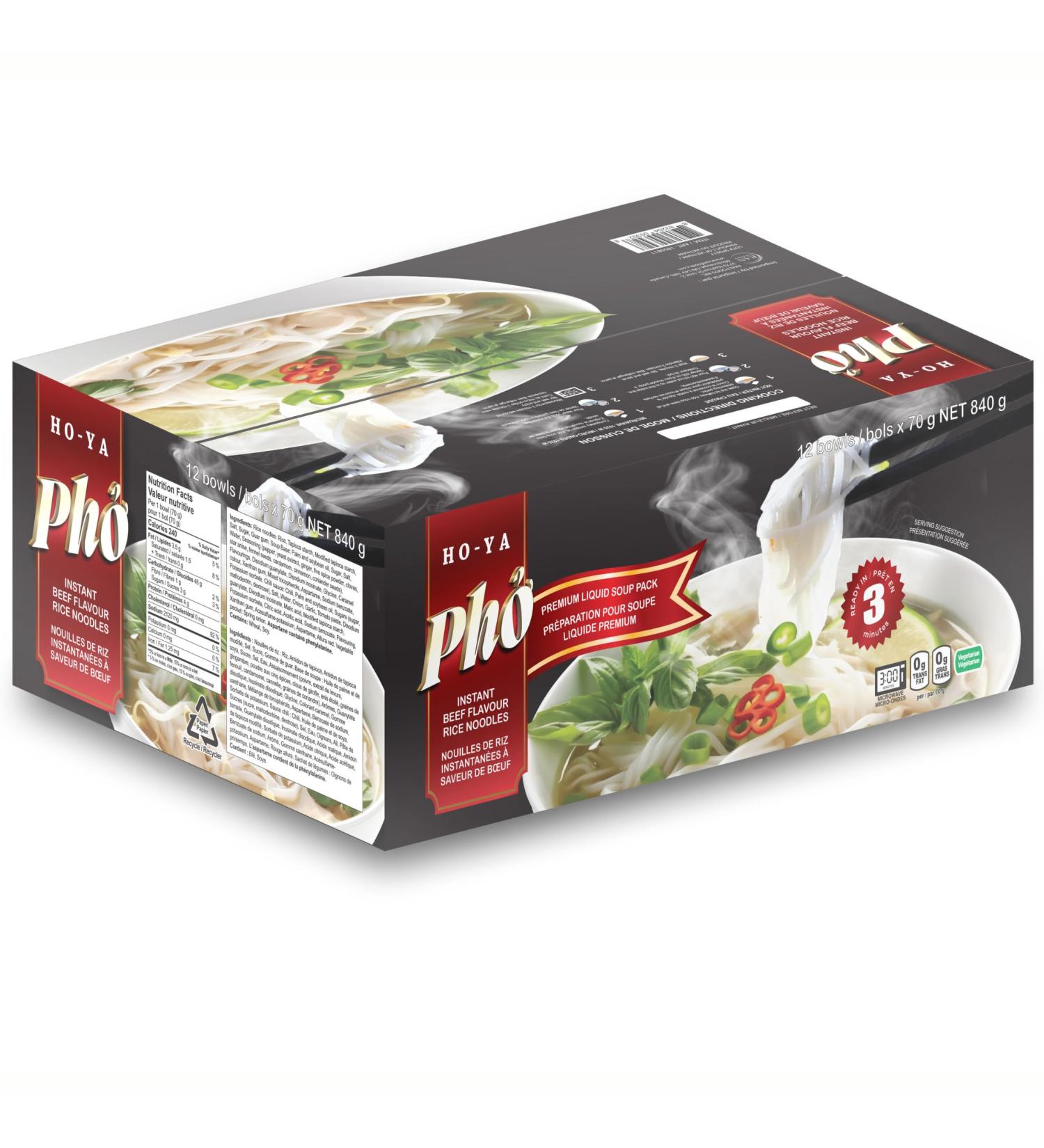 HO-YA Instant Beef Flavoured Pho Noodles Bowl 12 Pack 70g Rice Noodles with Chili Powder Packet Vegetarian - Buy Online on GoSupps.com