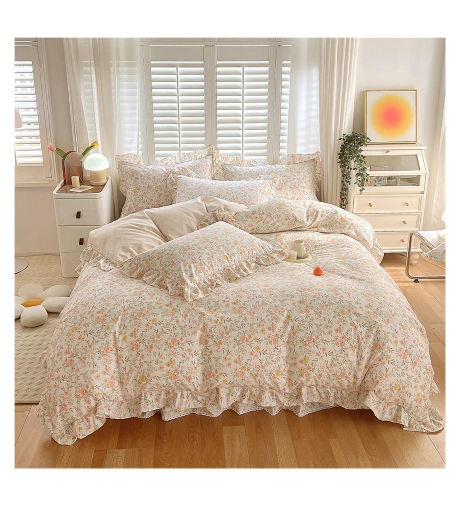 Ruffle Bedding Set 1 Bed Duvet Cover 2 Pillow Cases No Sheets Super Soft Touch Floral Style Soft (1 150x200cm) - Buy Online on GoSupps.com
