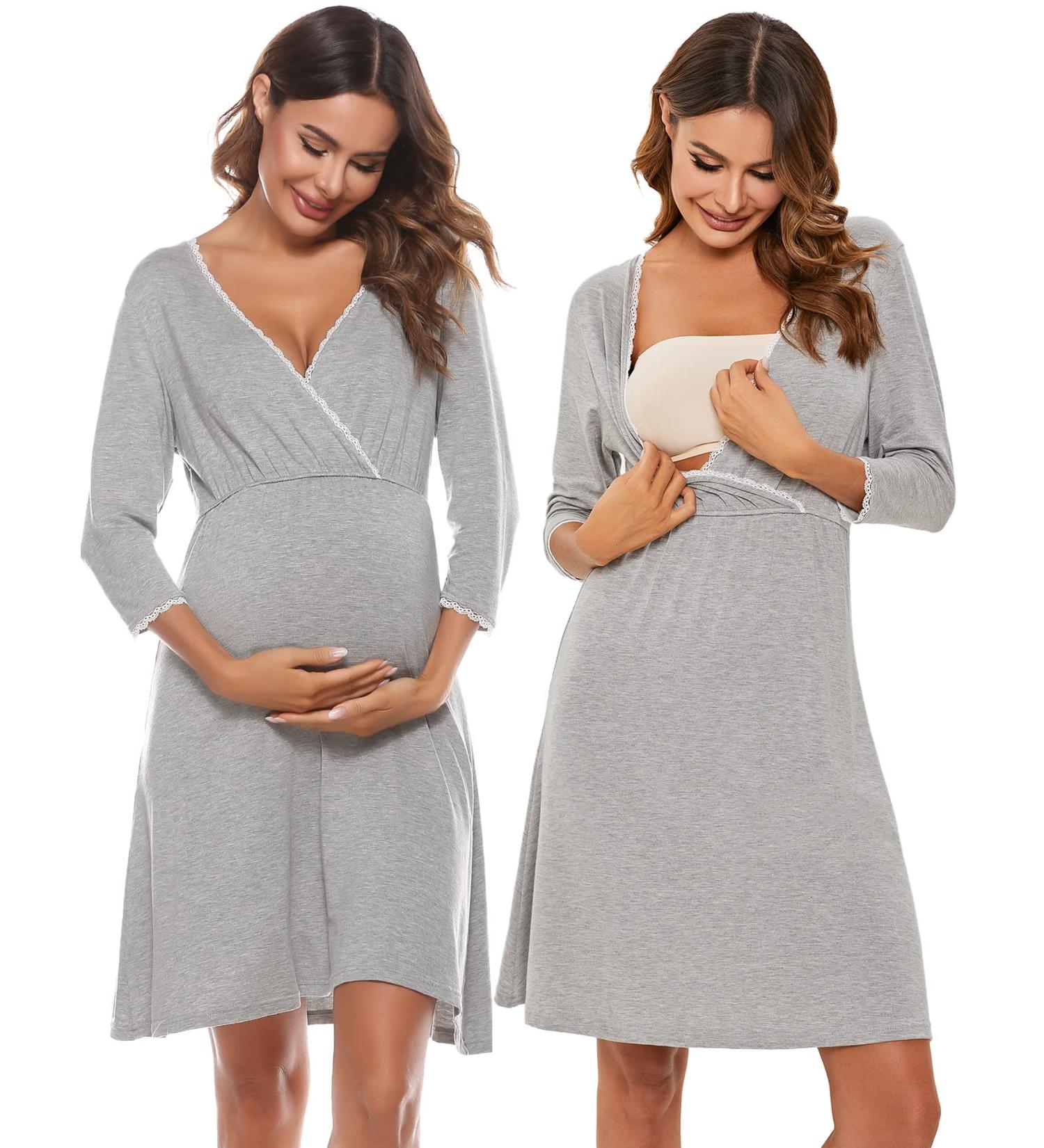 Sykooria Women's Cotton Nursing Nightdress with 3/4 Sleeves - Grey XL - Buy Online on GoSupps.com