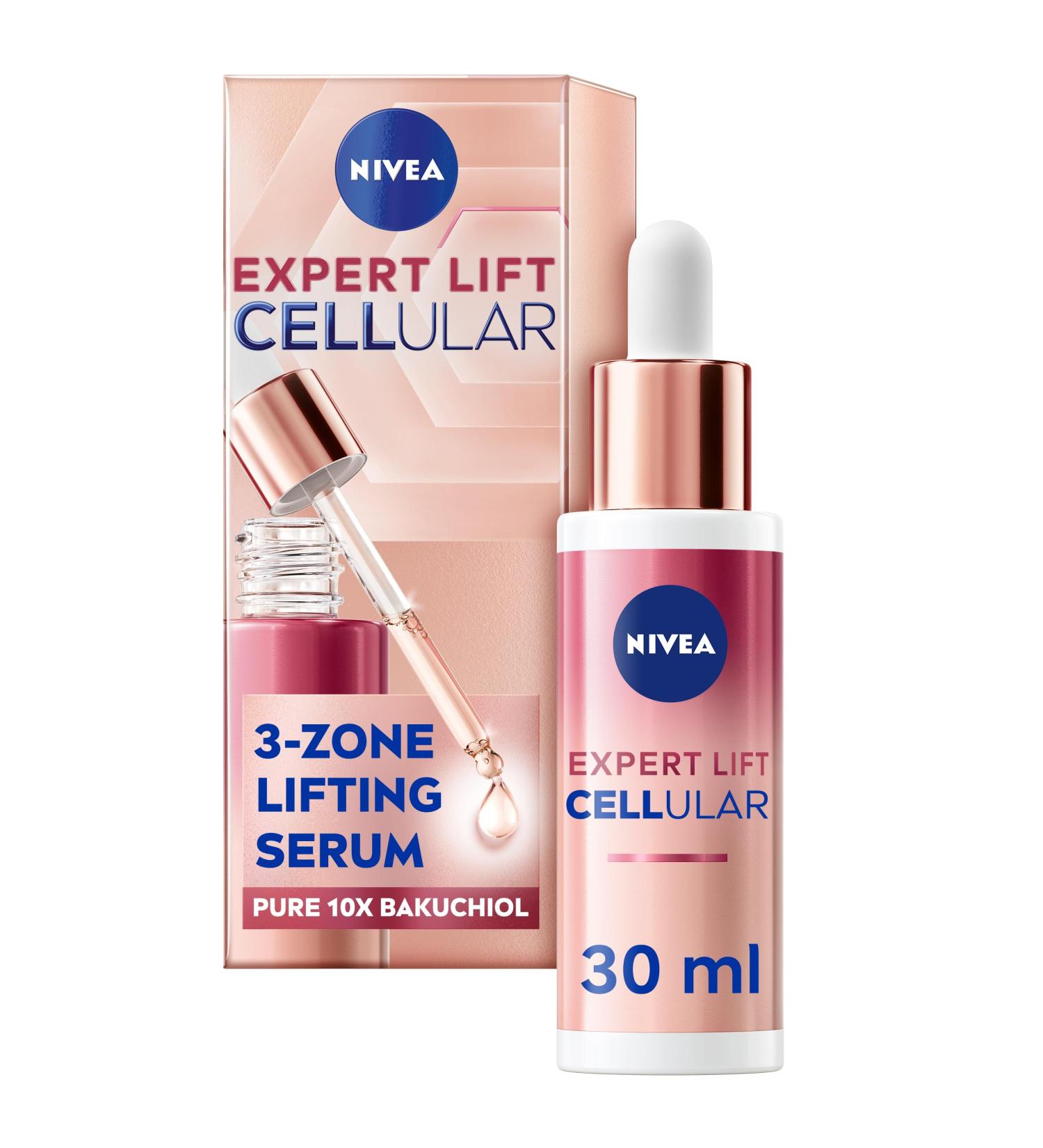 NIVEA Cellular Expert Lift 3-Zone Lifting Serum (30ml) Face Serum with Pure 10x Bakuchiol Visibly Reduces Wrinkles Lifts Contours and Tightens Skin - Buy Online on GoSupps.com