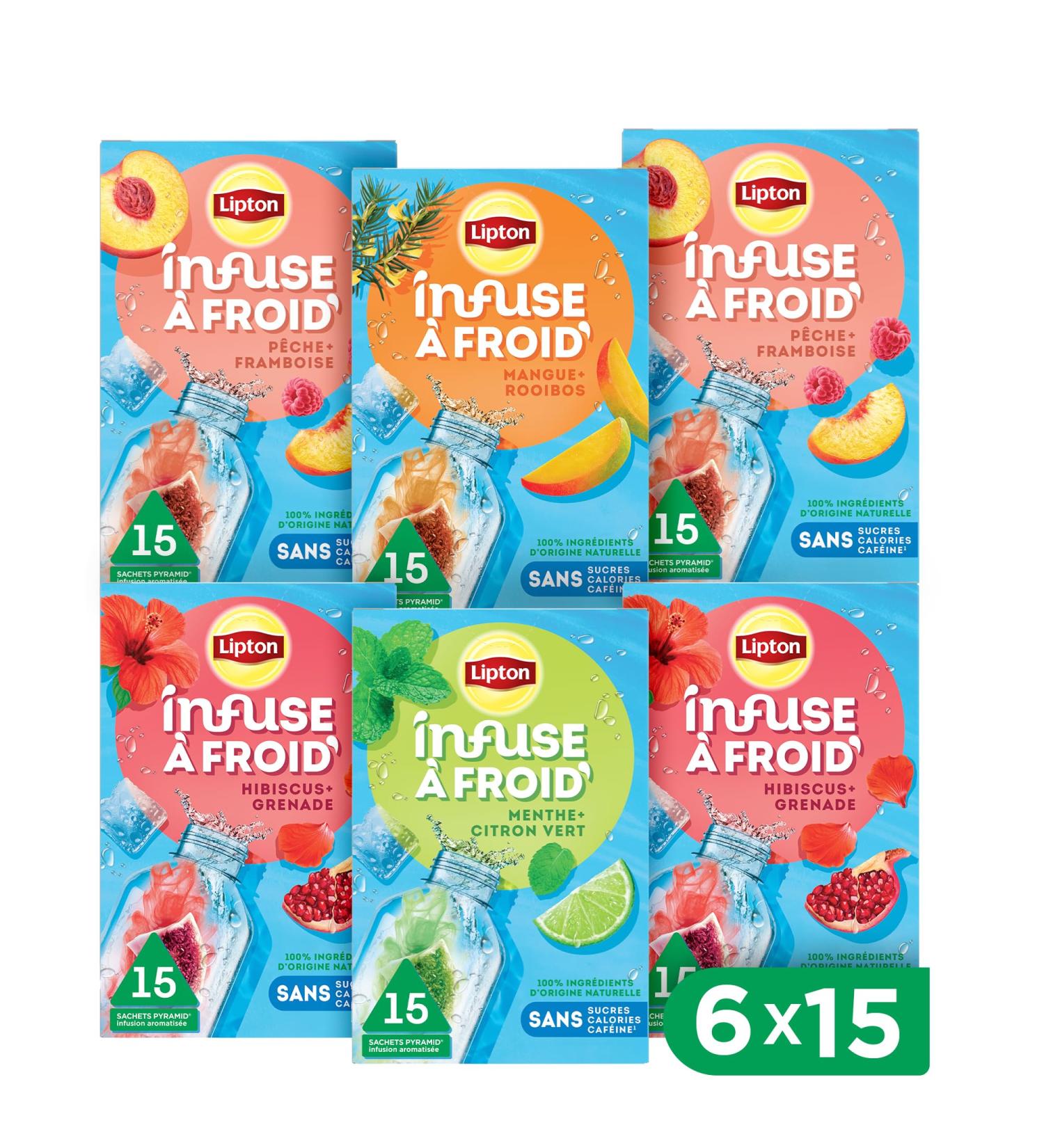 Lipton Infuse Froid Lot de 6 Boites Id ale pour le Th Glac Ingr dients d'Origine 100% Naturelle 6x15 Sachets Pyramid 90 Sachets Pyramid Mix des saveurs