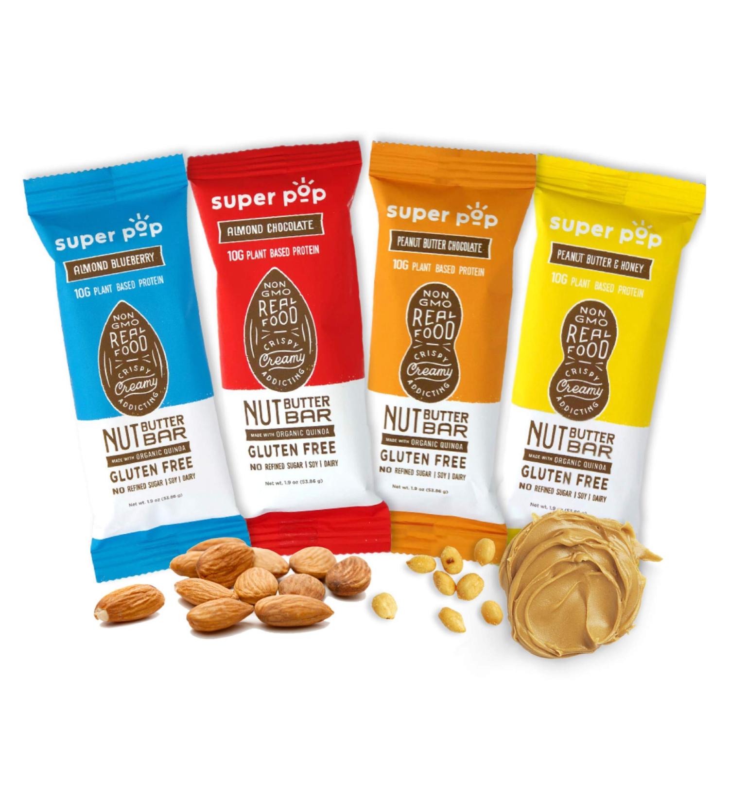 Super Pop Snacks Plant Based Protein Bars - Organic Nut Butter Bars - Gluten Free, Dairy Free - 10g Protein - Variety Pack (8 Pack) - Buy Online on GoSupps.com