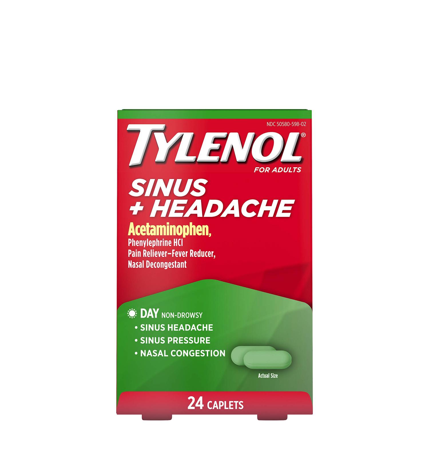 Tylenol Sinus + Headache Non-Drowsy Daytime Caplets 24 ct - Fast Relief for Acetaminophen & Phenylephrine HCl - Buy Online on GoSupps.com