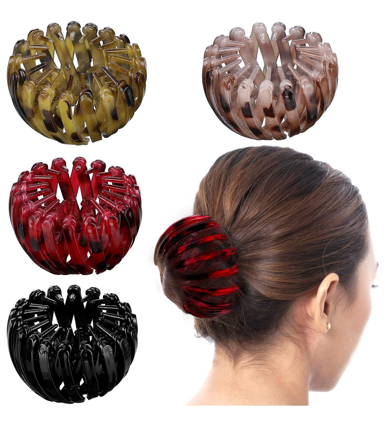 Vintage Geometric Hair Loops Set for Women - 4-Piece Retractable Ponytail Holder Clips, Bird Nest Shaped Bun Maker and Hair Styling Tool - Buy Online on GoSupps.com